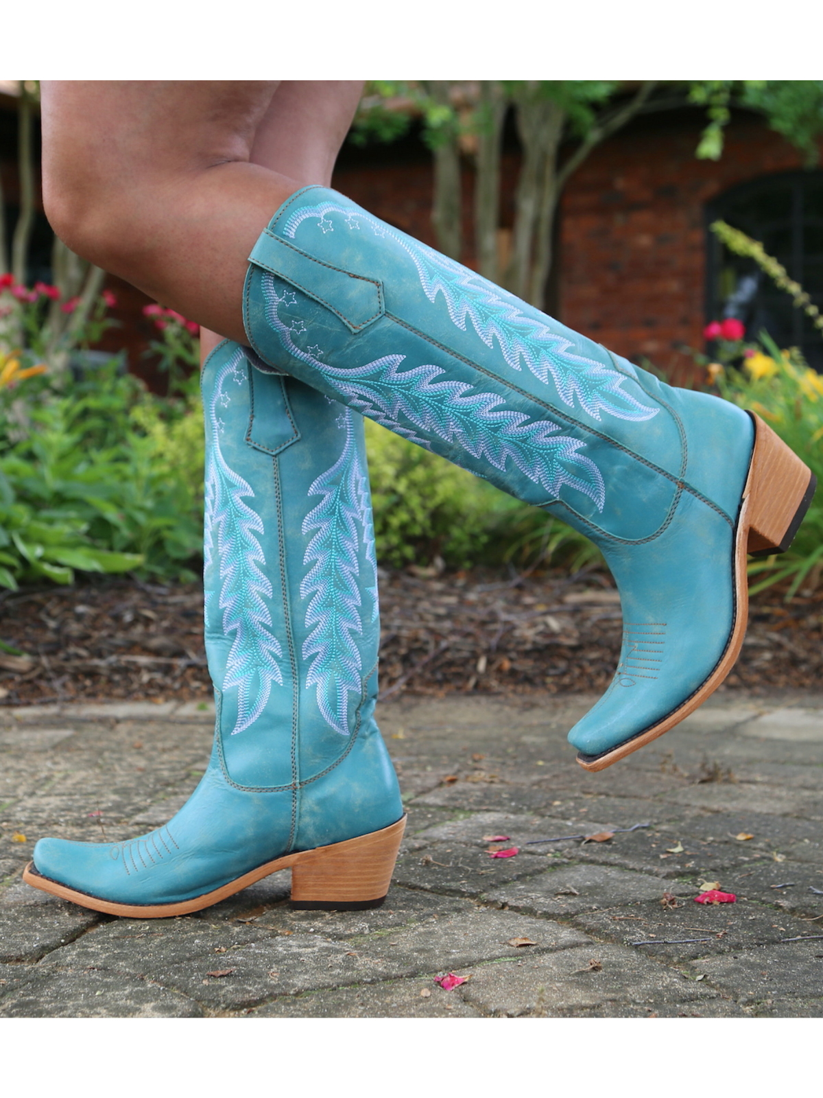 Star And Feather Embroidery Snip-Toe Wide Calf Tall Knee High Cowgirl Boots - Turquoise