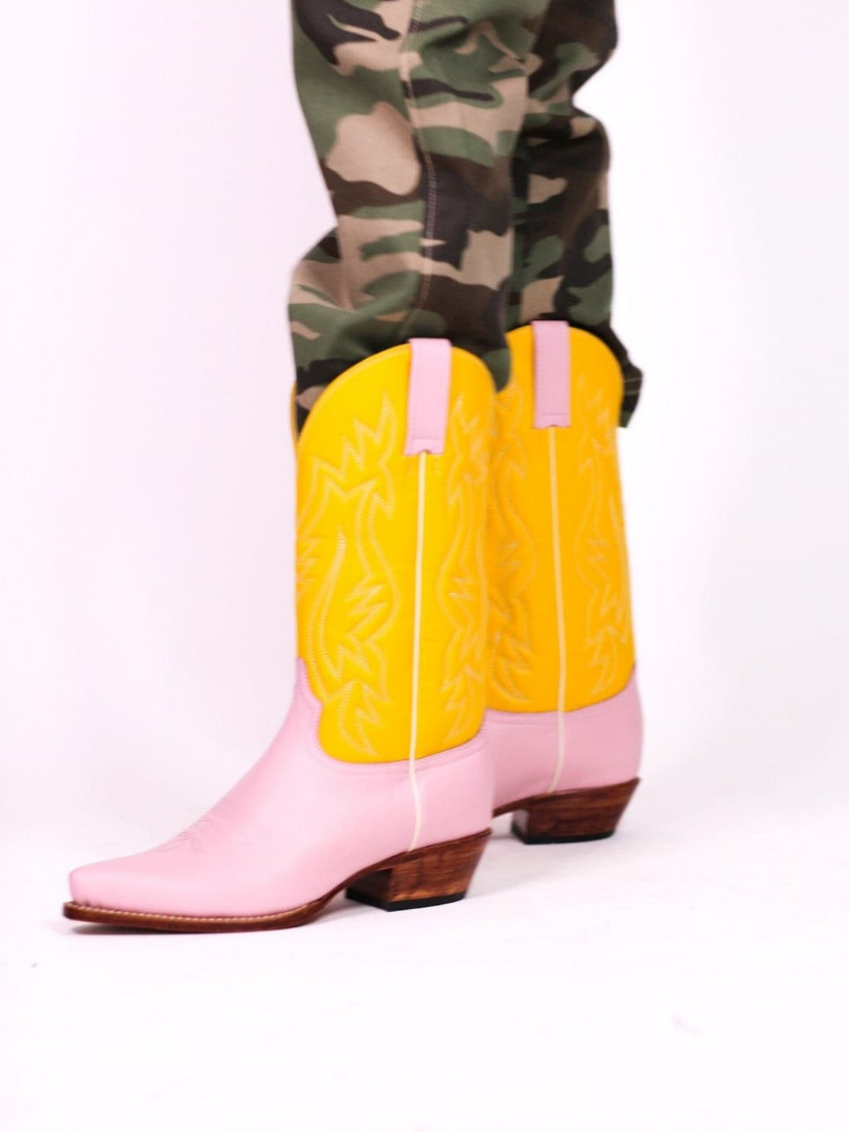 Contrast Yellow And Pink Snip-Toe Embroidery Wide Mid Calf Cowgirl Boots