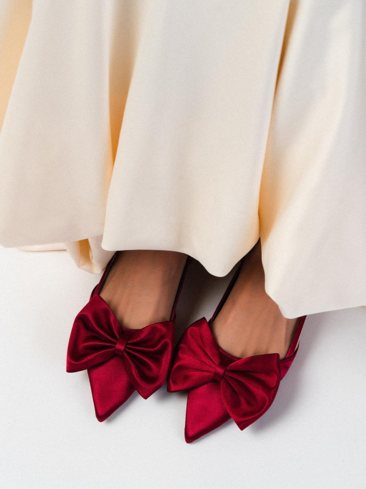 Burgundy Satin Bow Pointy Ballet Flats Slingbacks With Buckled Strap