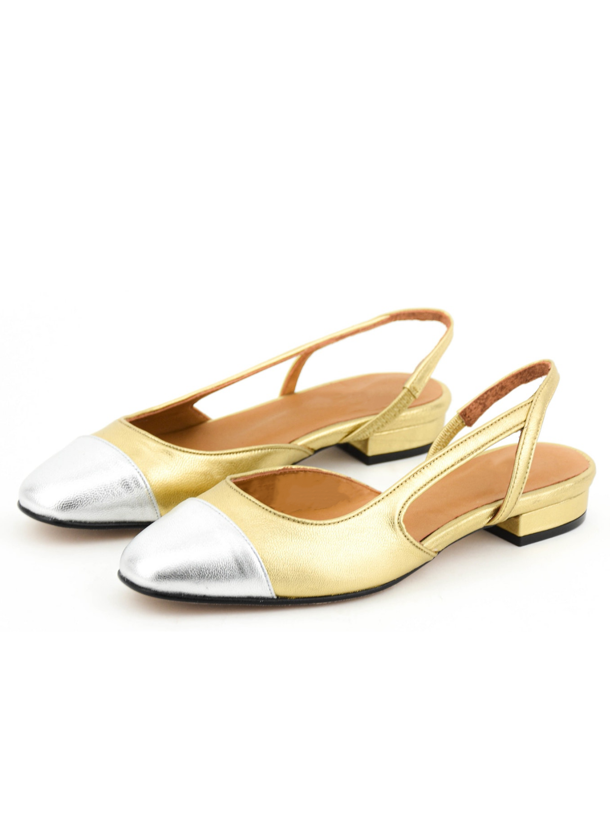 Metallic Contrast Low Heels Pumps with Slingback Style in Silver and Gold