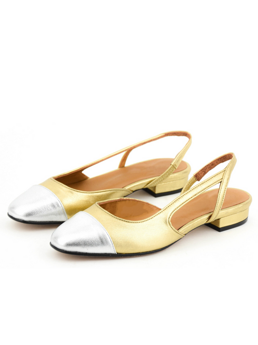 Metallic Contrast Low Heels Pumps with Slingback Style in Silver and Gold