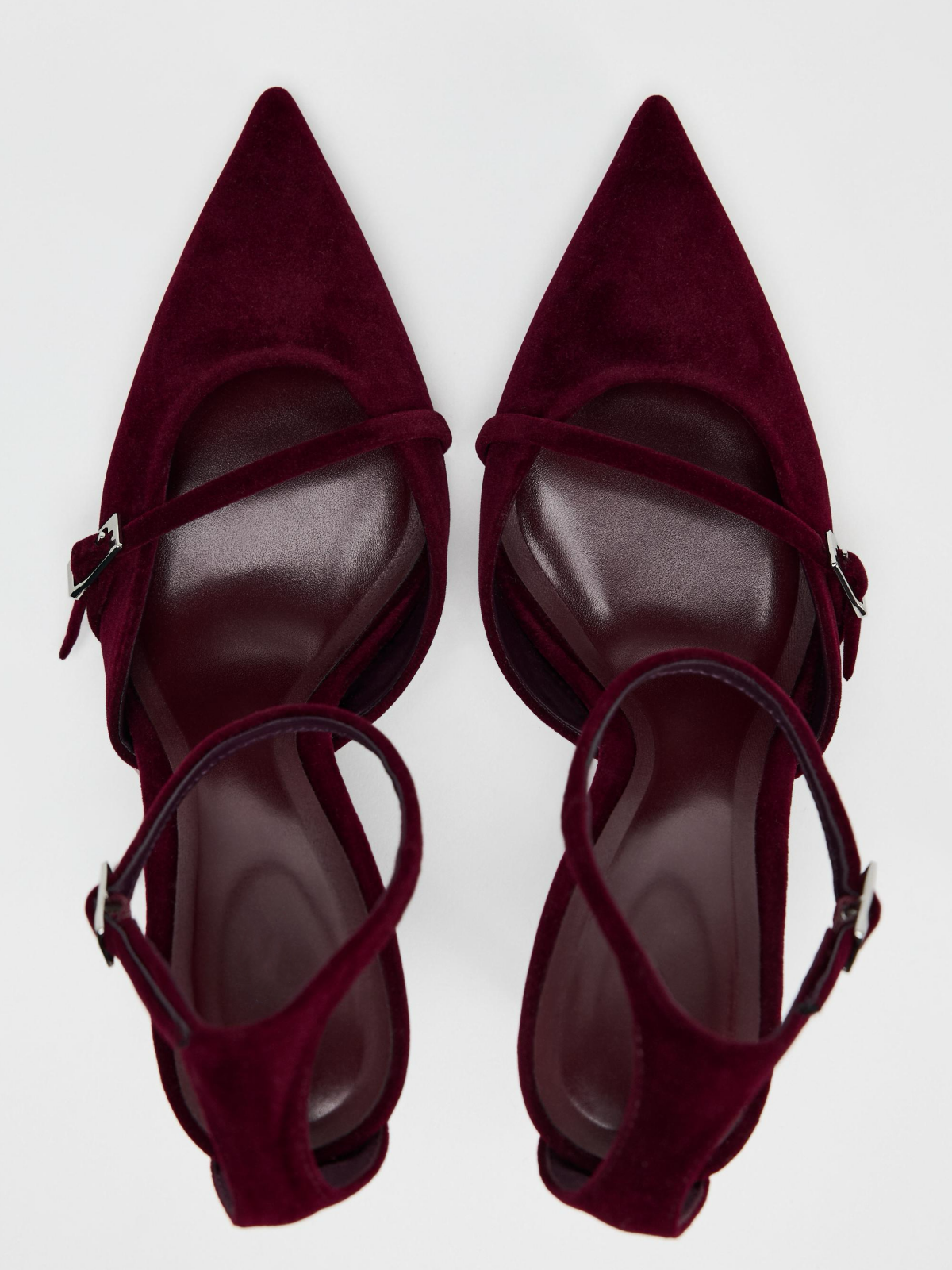 Wine Red Velvet Pointed-Toe Front Strap Pump High Heels With Buckled Ankle Strap