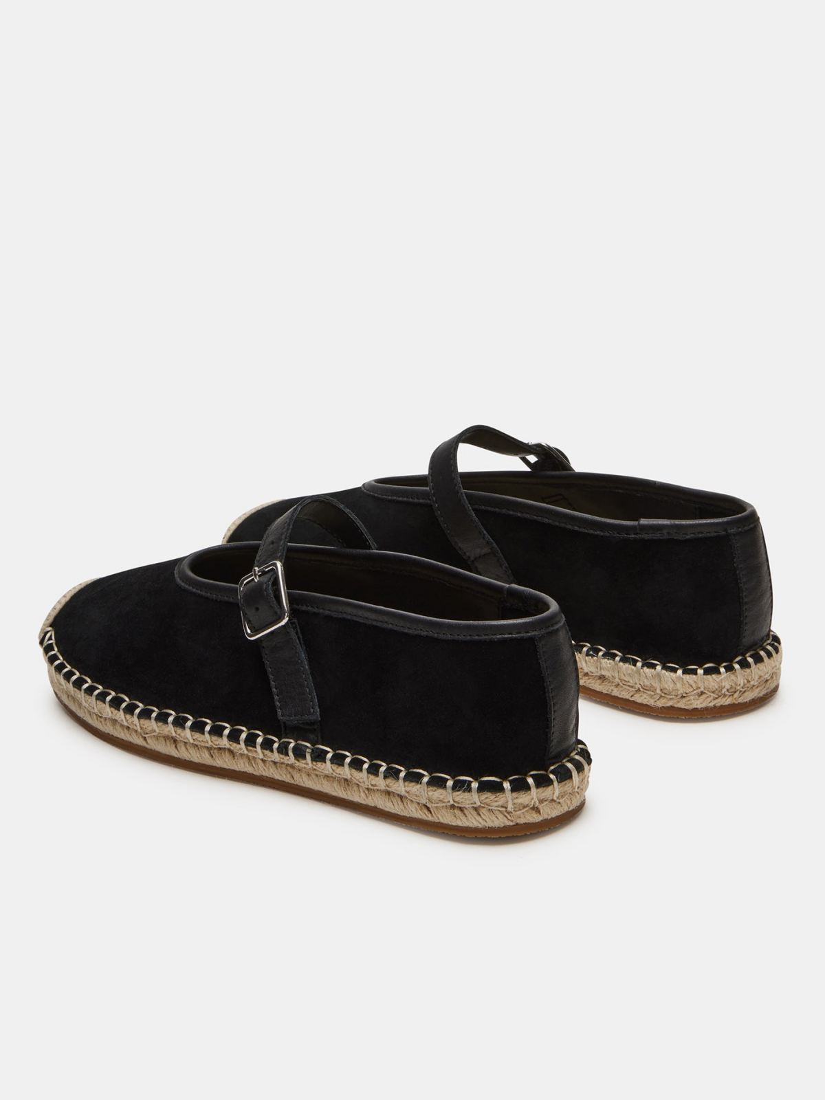 Black Faux Suede Round-Toe Bridge Strap Side Buckle Mary Janes Espadrille Flats