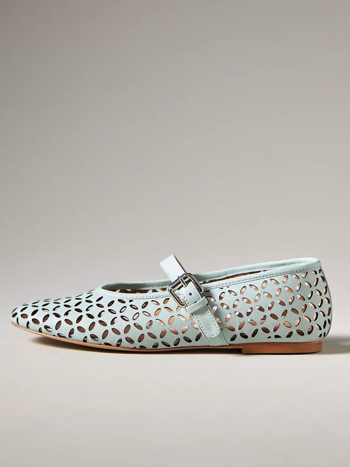 Light Blue Flats Mary Janes With Floral Cutout And Buckled Strap