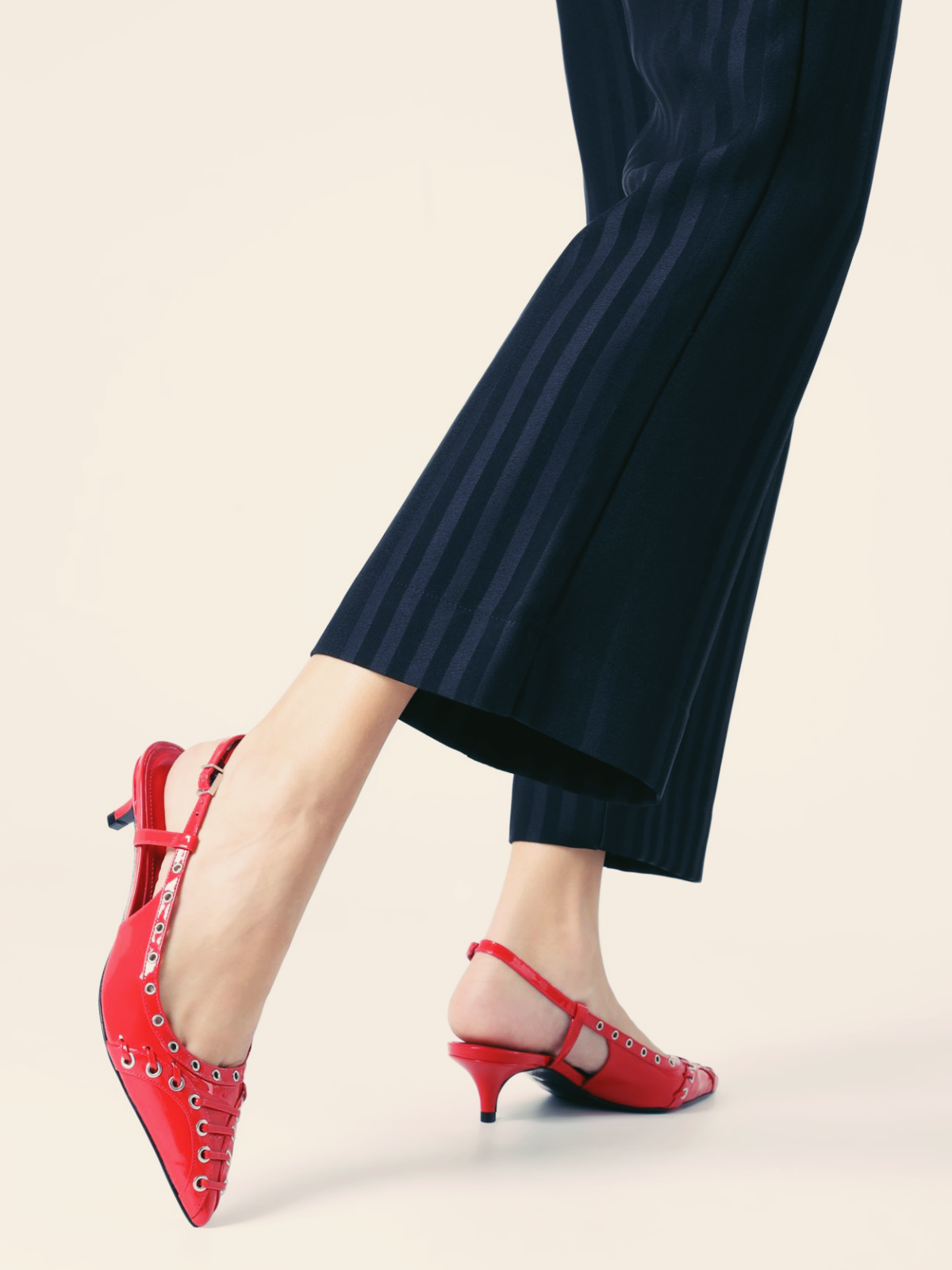 Red Patent Strappy Eyelet Pointy Kitten Heels Slingback Pumps