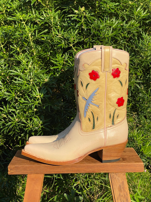 Contrast Light Pink And Beige Snip-Toe Flowers Bird Inlay Mid Calf Cowgirl Boots
