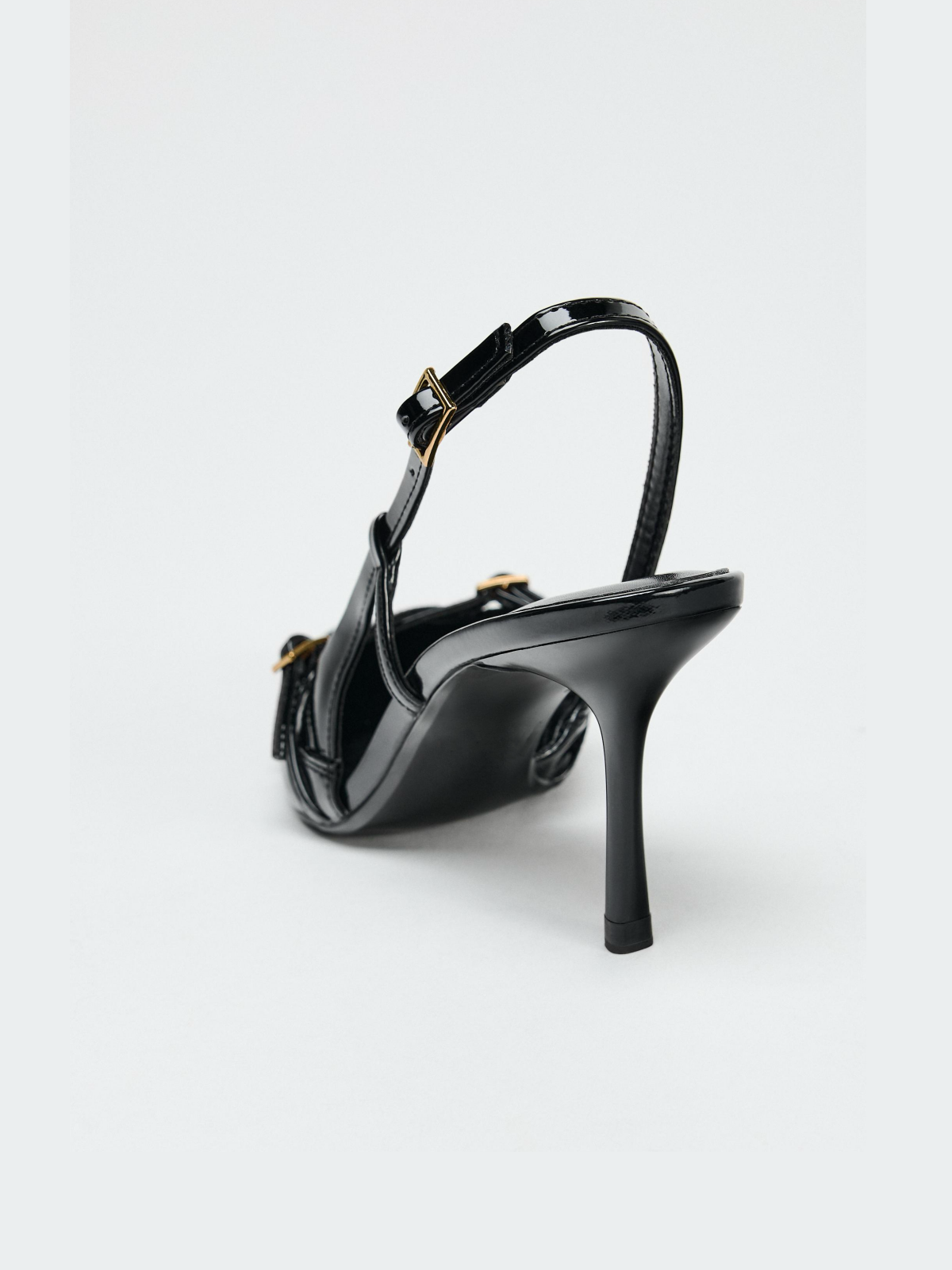 Black Patent Pointed-Toe Double Buckle Front Strap Slingback Pump High Heels
