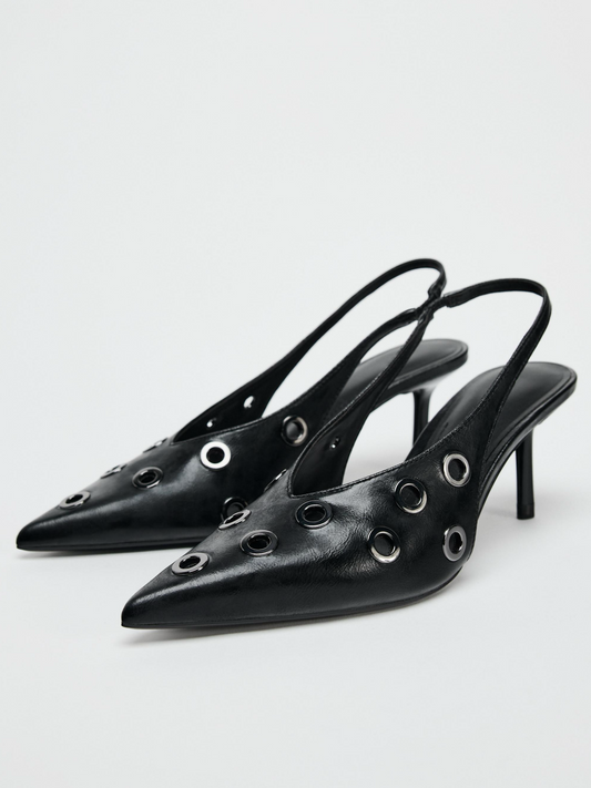 Black Pointed-Toe Slingback Kitten Heels With Grommets