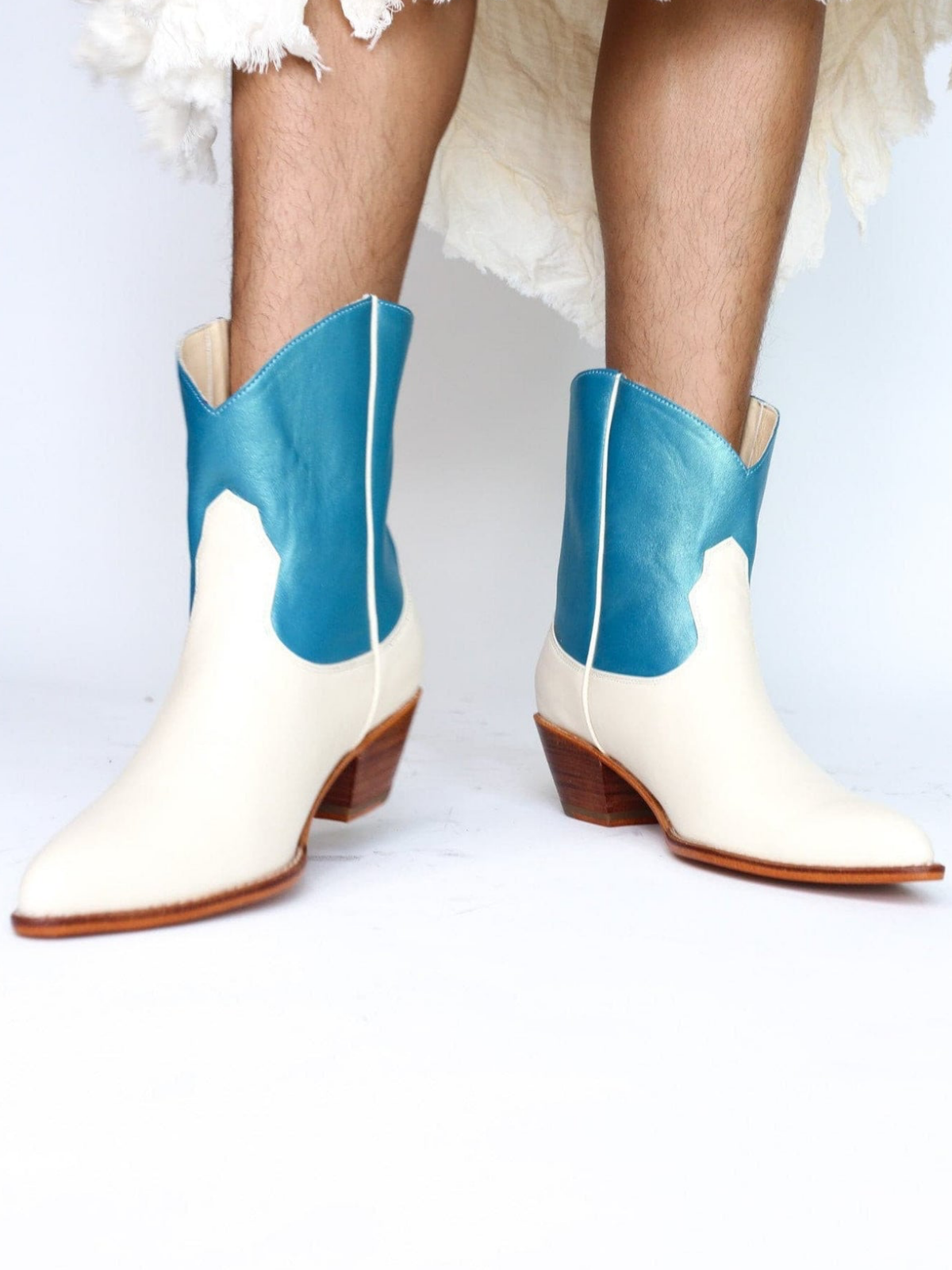 Contrast Cream And Metallic Blue Almond-Toe Back-Zip Mid Calf Cowgirl Boots