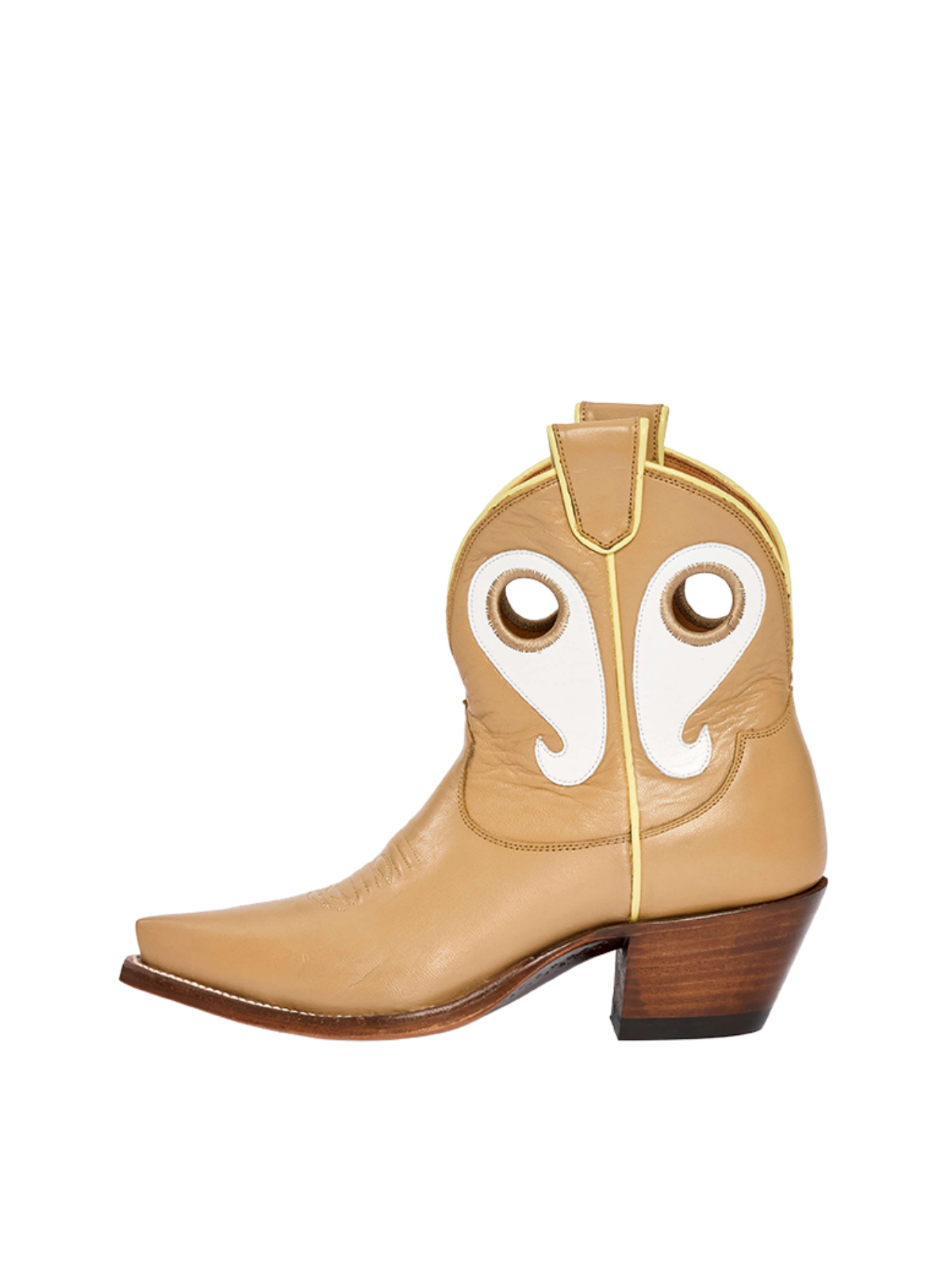 Contrast Tan And White Vegan Leather Cutout Snip-Toe Cowgirl Ankle Booties