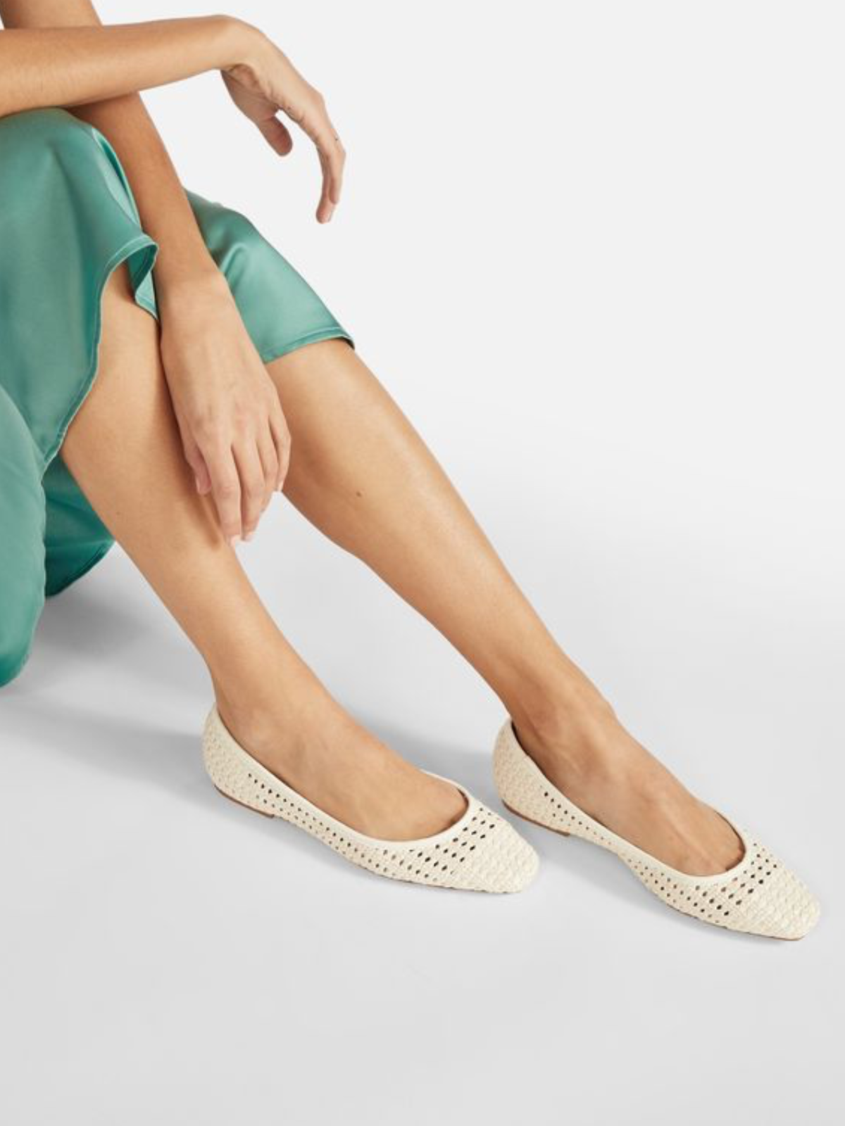 White Boho Woven Hollow-Out Flats Slip-On Ballerinas With Square Toe