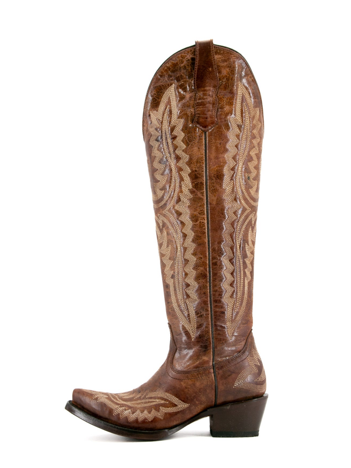 Distressed Brown Classic Embroidery Snip-Toe Half-Zip Western Knee High Tall Boots