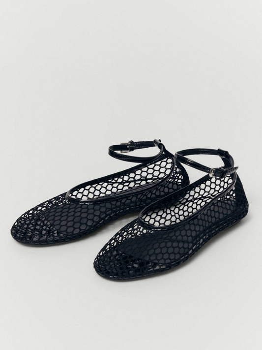 Black Fishnet Mesh Ballet Flats With Buckled Ankle Bracelet