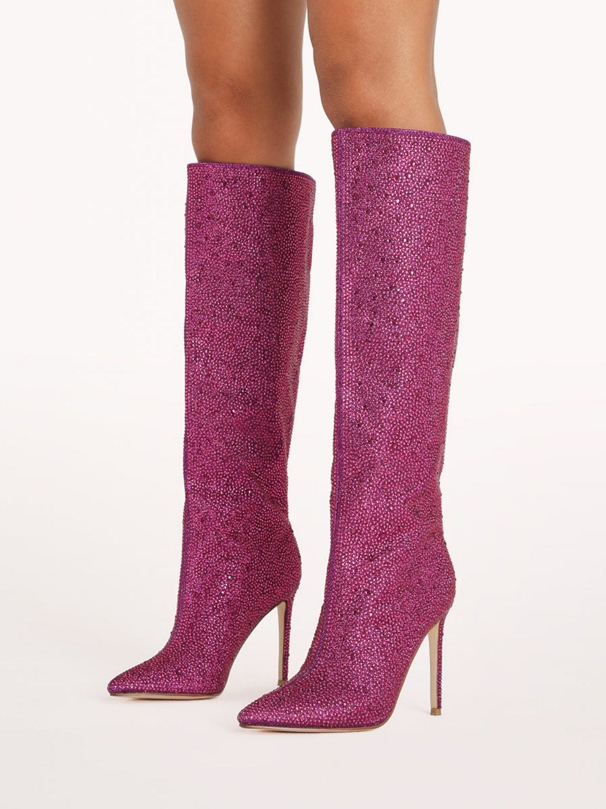 Metallic Fuchsia Pointed-Toe Rhinestone Wide Mid Calf Stiletto Boots