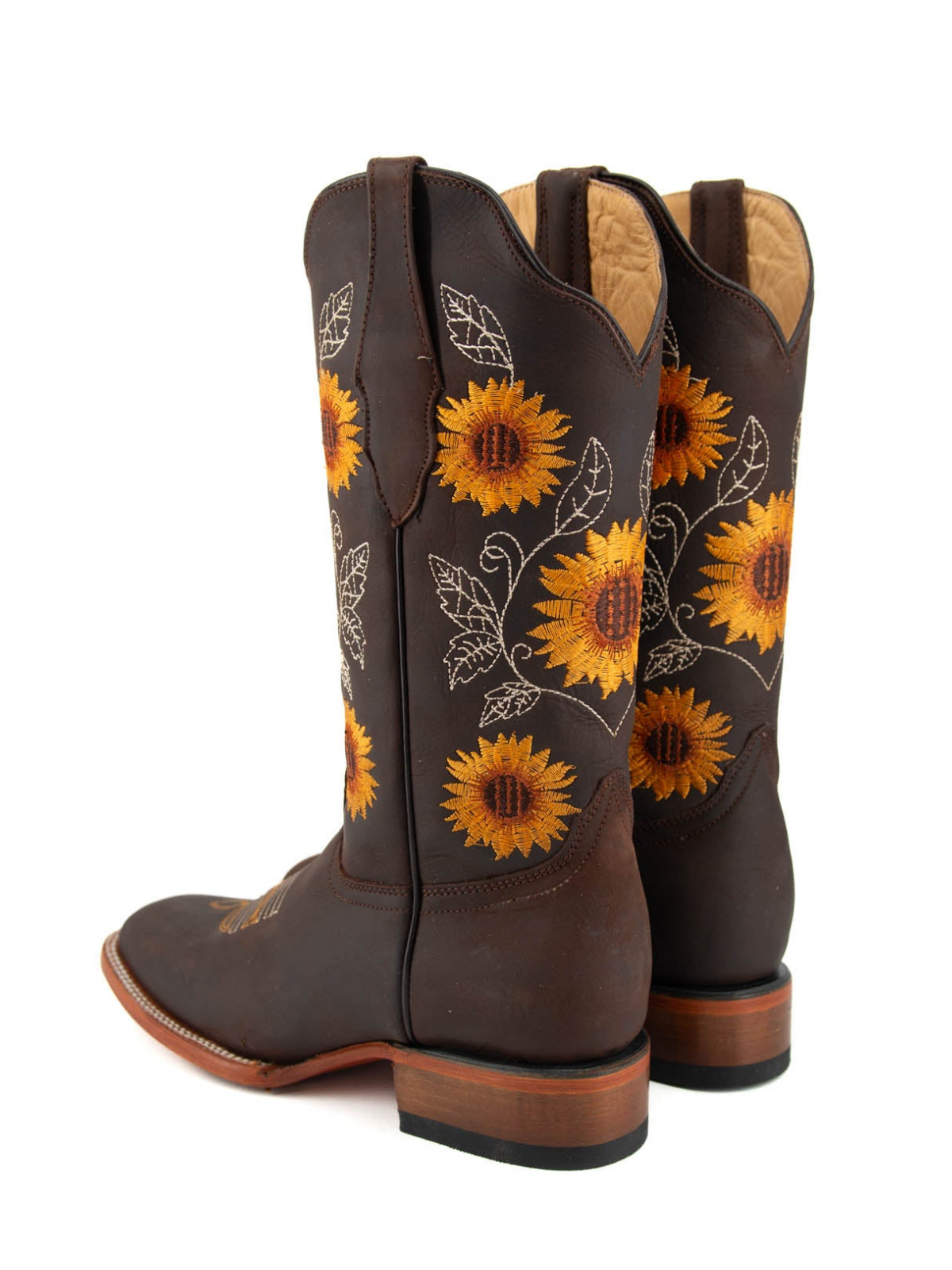 Cafe Square-Toe Sunflower Embroidery Wide Mid Calf Cowgirl Boots