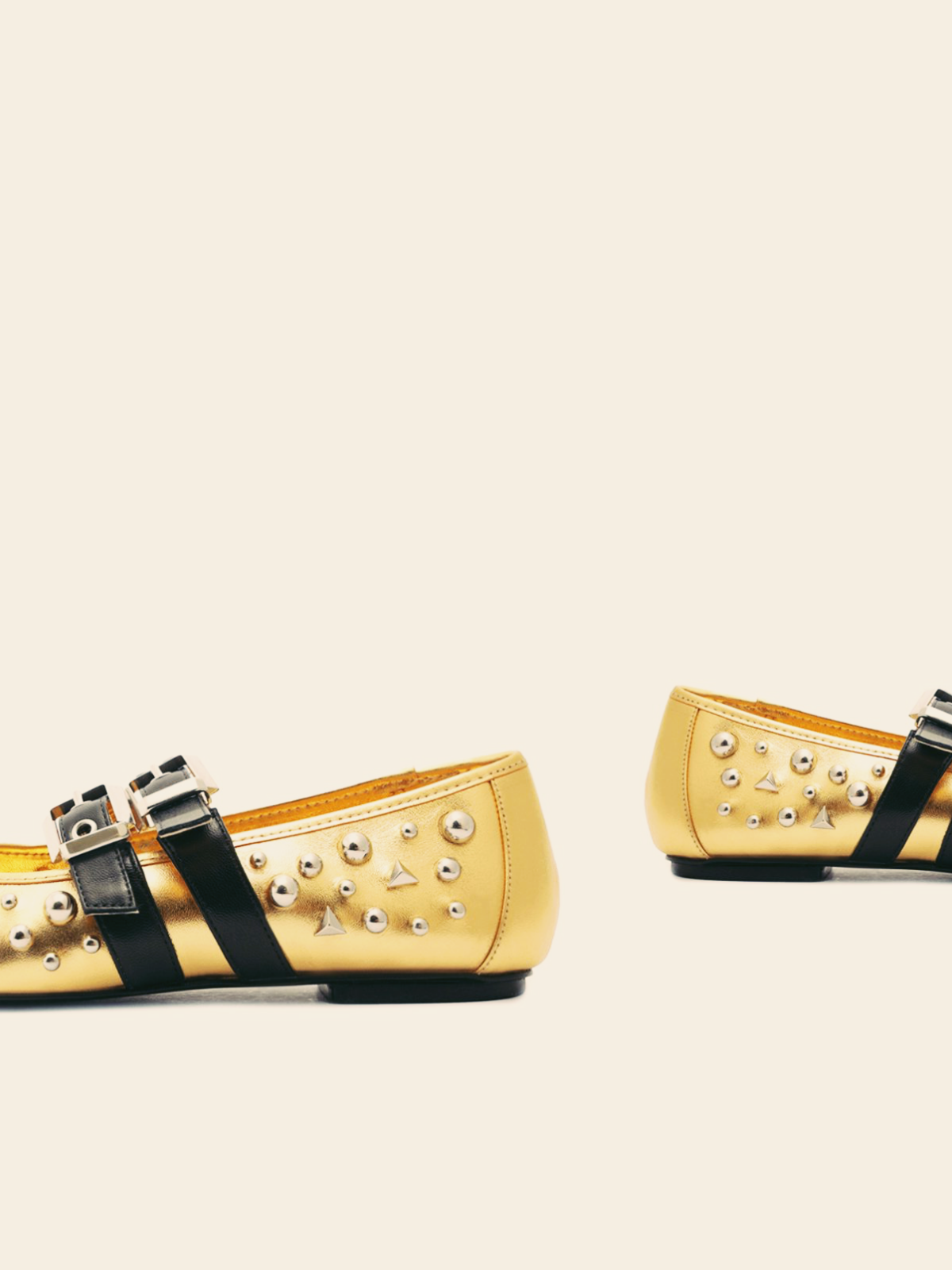 Metallic Gold Bow Studded Ballet Flats Mary Janes With Grommet Buckled Strap