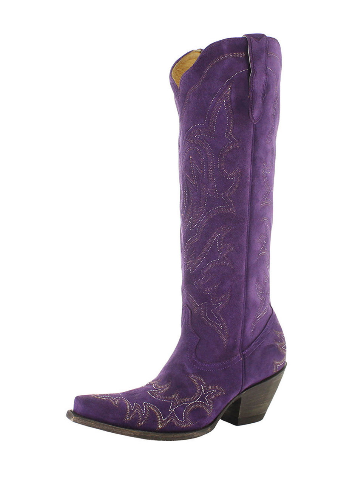 Purple Faux Suede Embroidery Snip-Toe Half-Zip Knee High Tall Cowgirl Boots