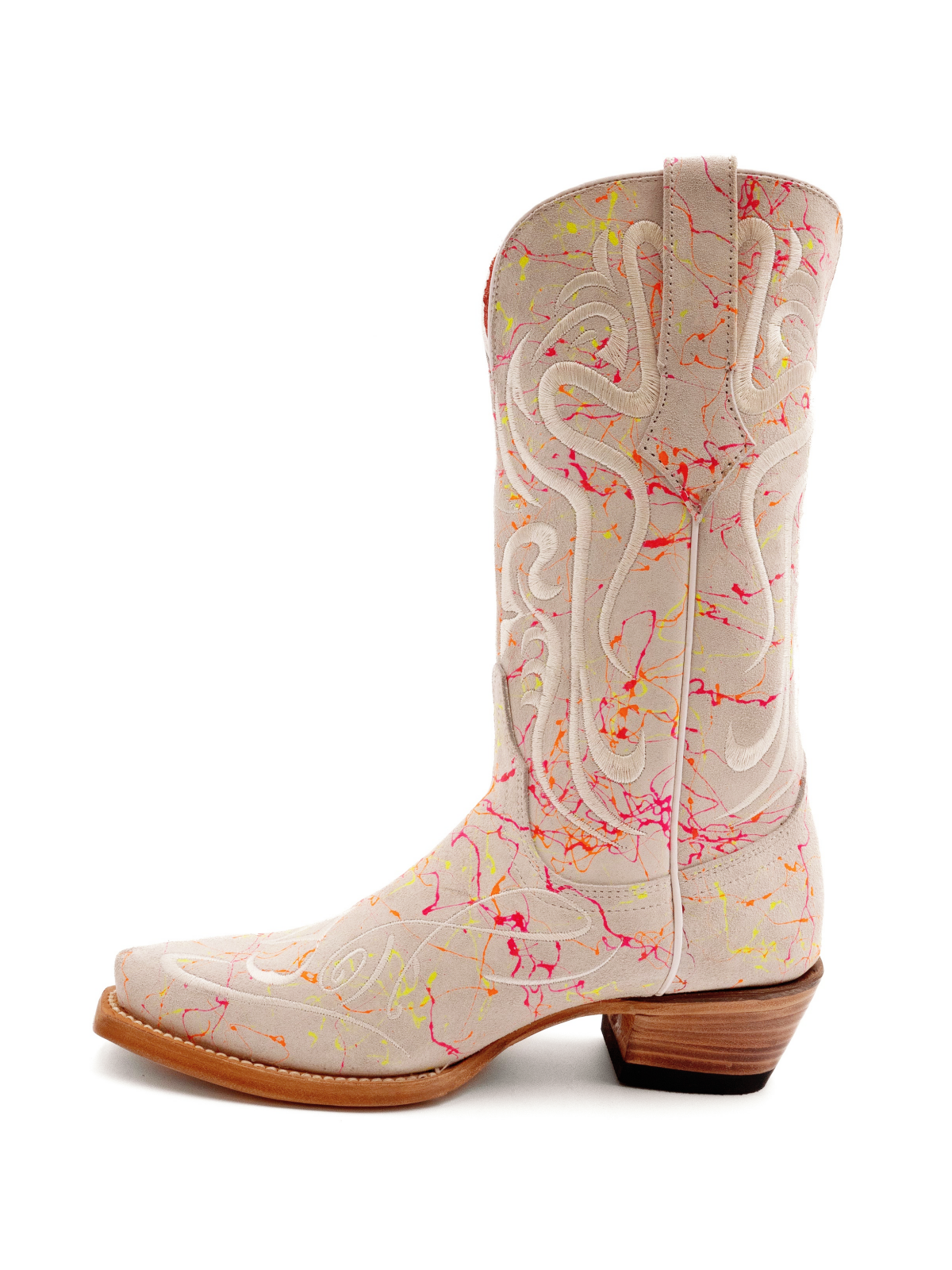 Ivory Faux Suede Scroll Embroidery Snip-Toe Cowgirl Tall Boots Wide Mid Calf Western Boots