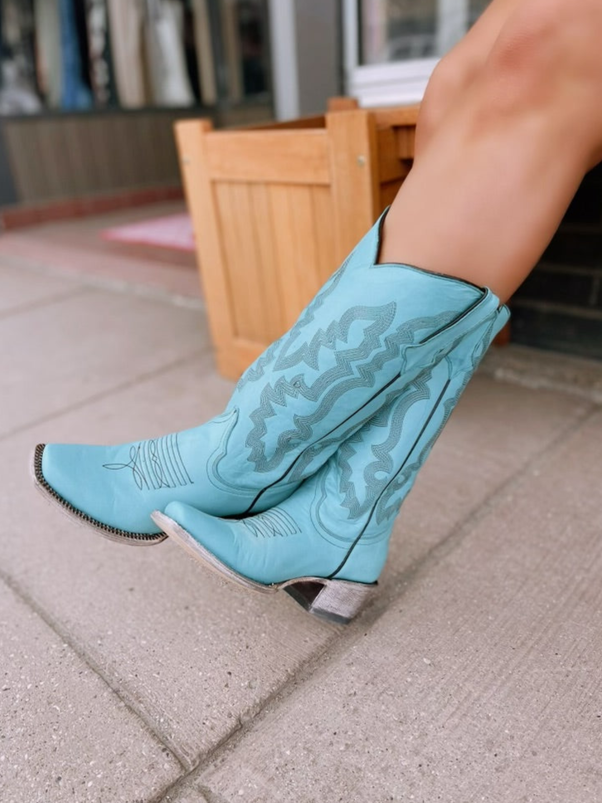 Turquoise Square-Toe Embroidery Wide Mid Calf Tall Cowgirl Boots