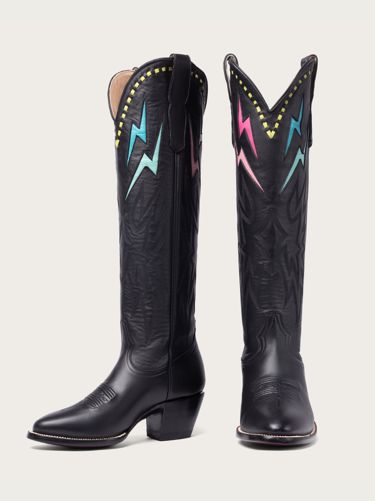 Rainbow Lightning Inlay Stitch Embroidery Almond-Toe Wide Mid Calf Cowgirl Boots - Black