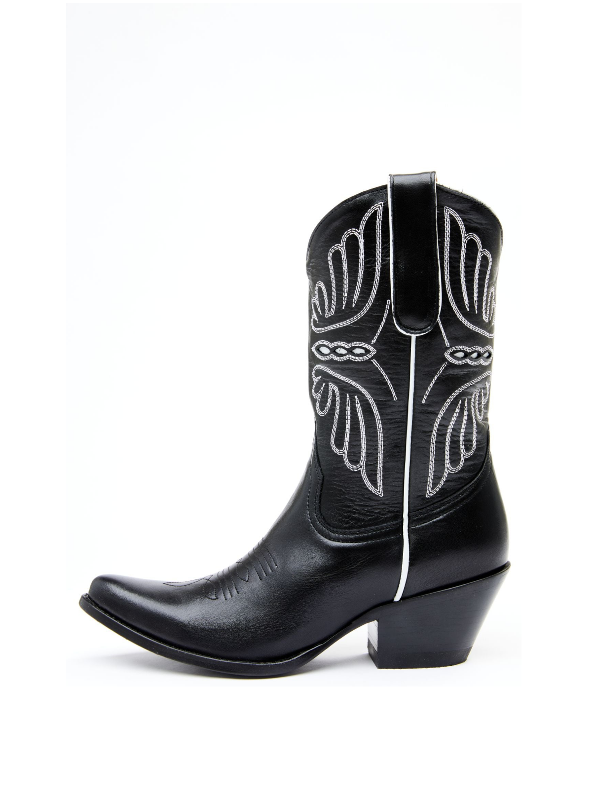 Black Butterfly Embroidery Inlay Pointed-Toe Wide Mid Calf Cowgirl Boots