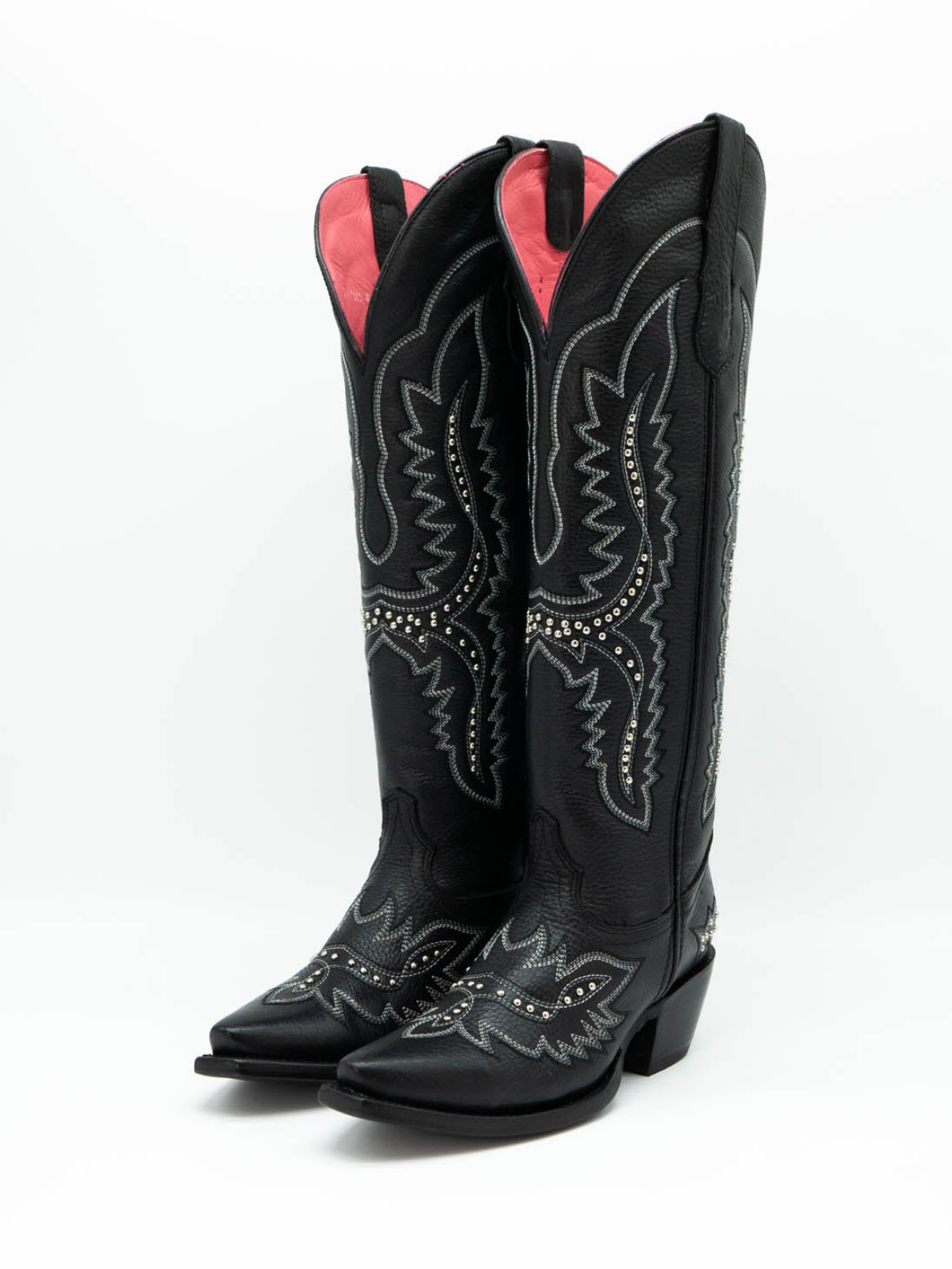 Black Studded Embroidery Snip-Toe Half-Zip Western Knee High Tall Boots