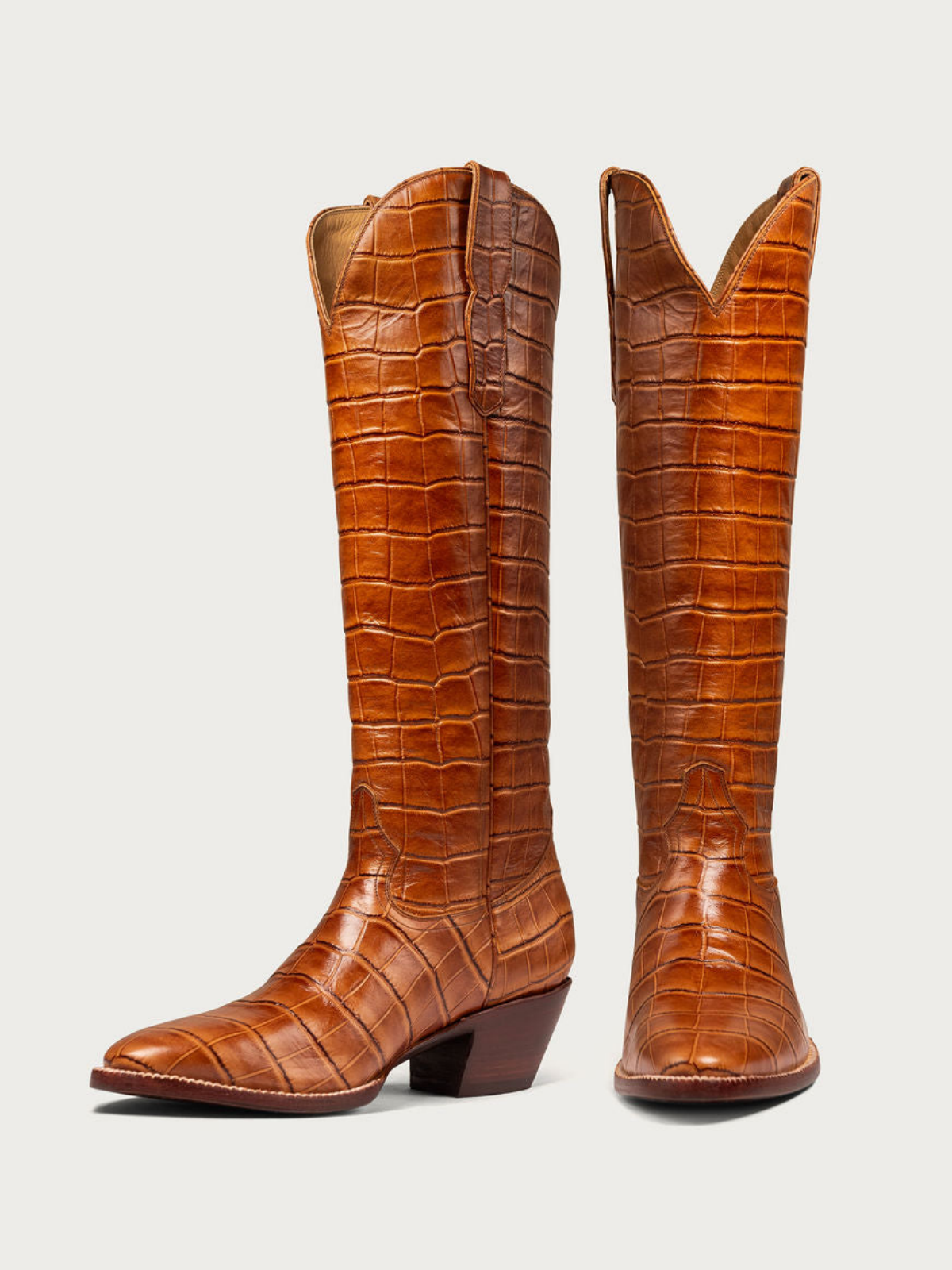 Cognac Croco Print Round-Toe Wide Knee High Cowgirl Boots