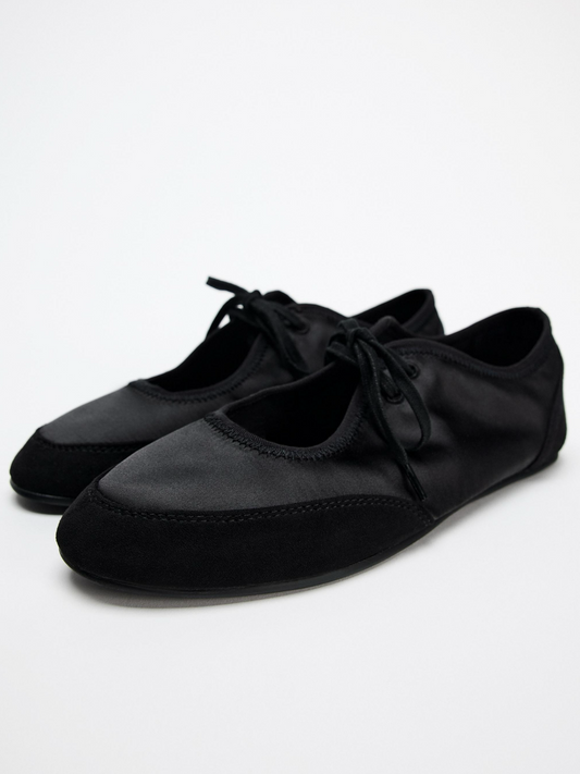 Black Contrast Faux Suede And Cloth Round-Toe Lace-Up Ballet Flats