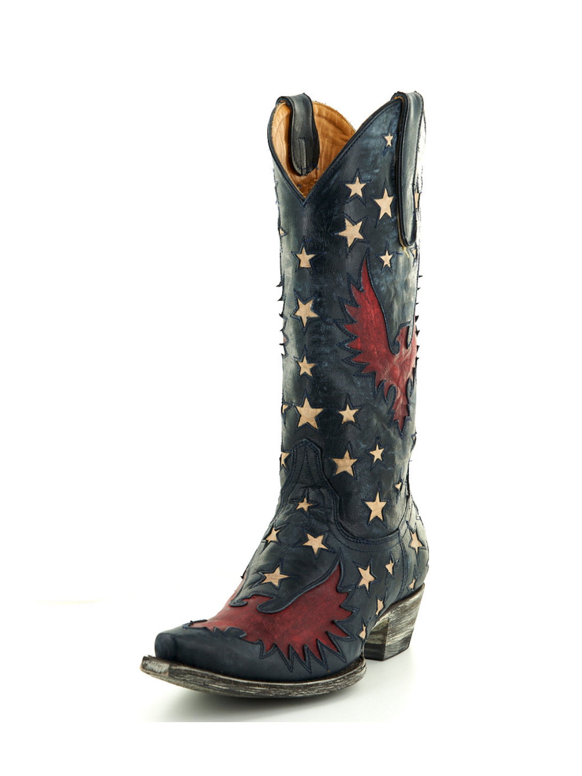 Navy Blue Snip-Toe Star And Eagle Inlay Wide Mid Calf Cowgirl Boots