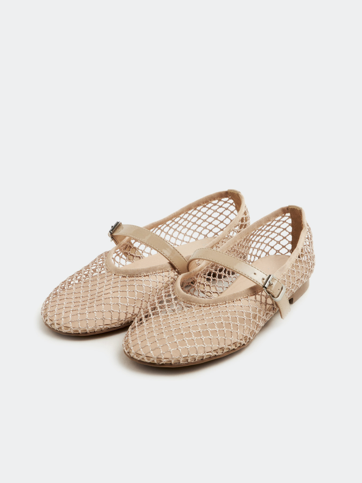 Fishnet Round-Toe Ballet Flats Mary Janes With Buckled Strap In Beige