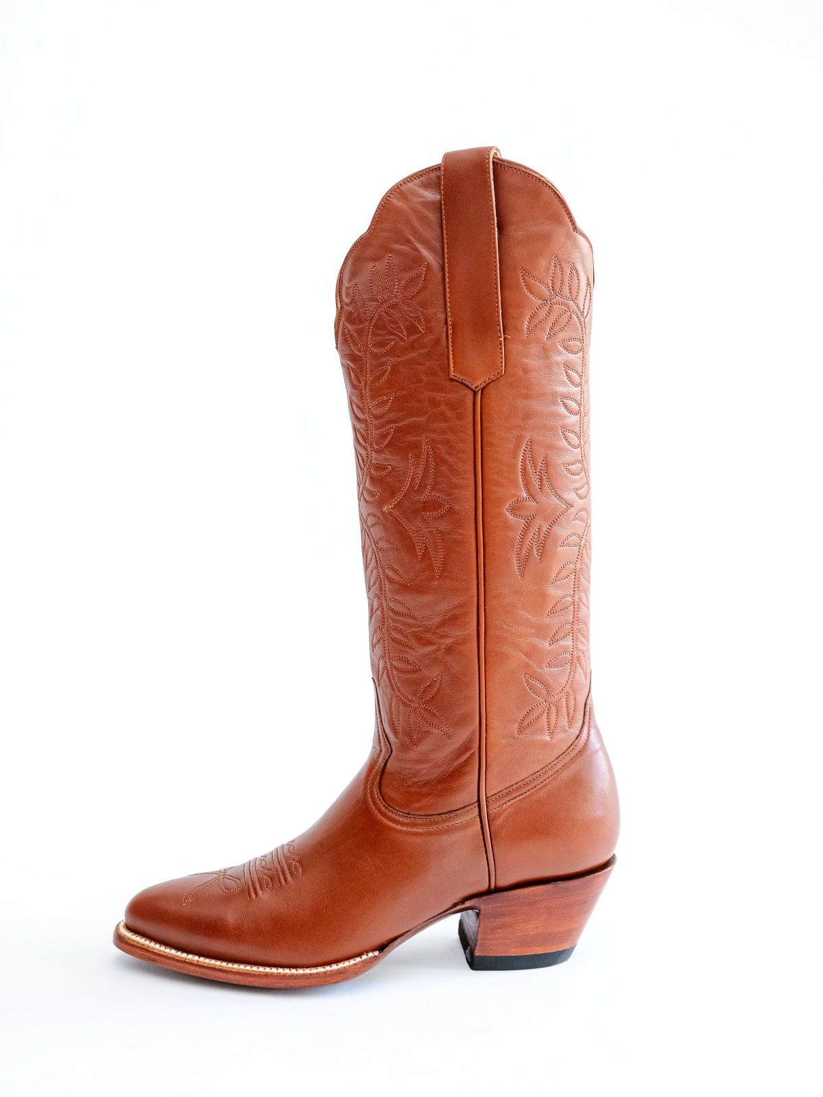 Leaves Embroidery Almond-Toe Wide Mid Calf Cowgirl Boots - Brandy