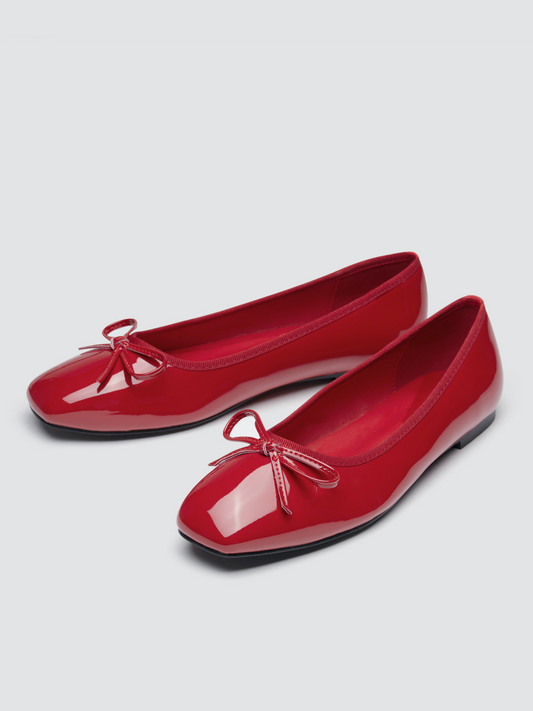 Red Bow Ballet Flats With Square Toe In Patent Vegan Leather