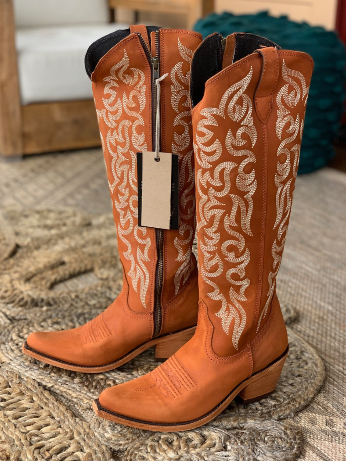 Round Pointed-Toe Embroidery Full-Zip Tall Knee High Cowgirl Boots - Orange