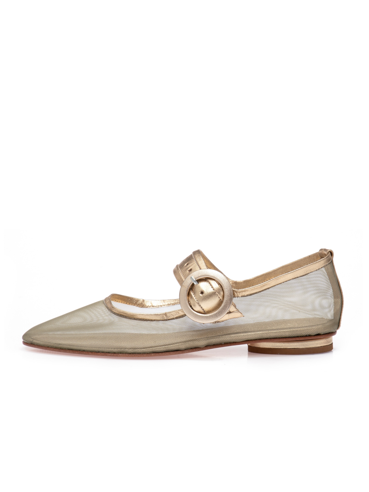 Metallic Gold Mesh Elongated Ballet Flats Mary Janes With Oversized Buckle