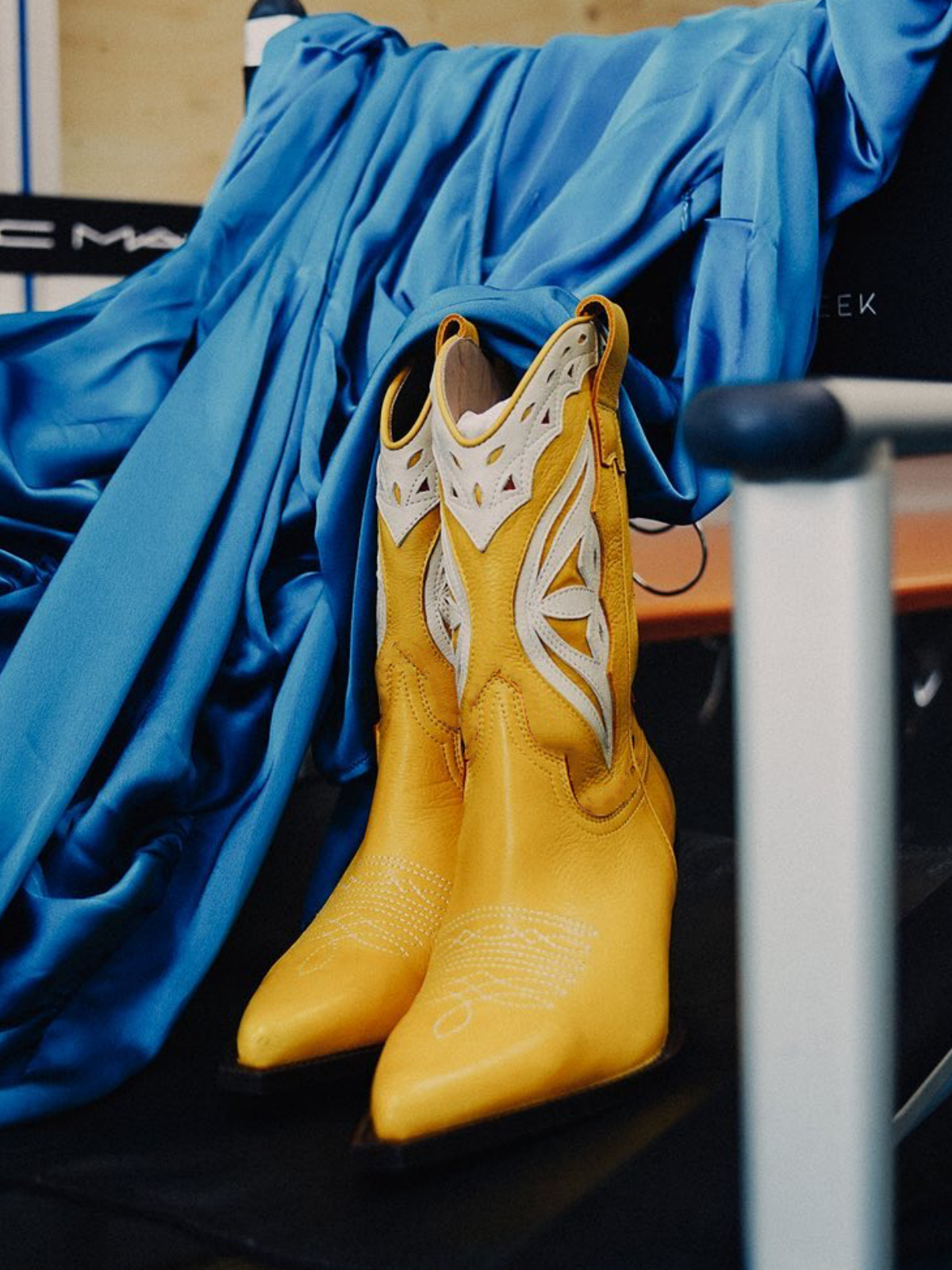 Yellow Pointed-Toe Ivory Inlay Applique Wide Mid Calf Cowgirl Boots