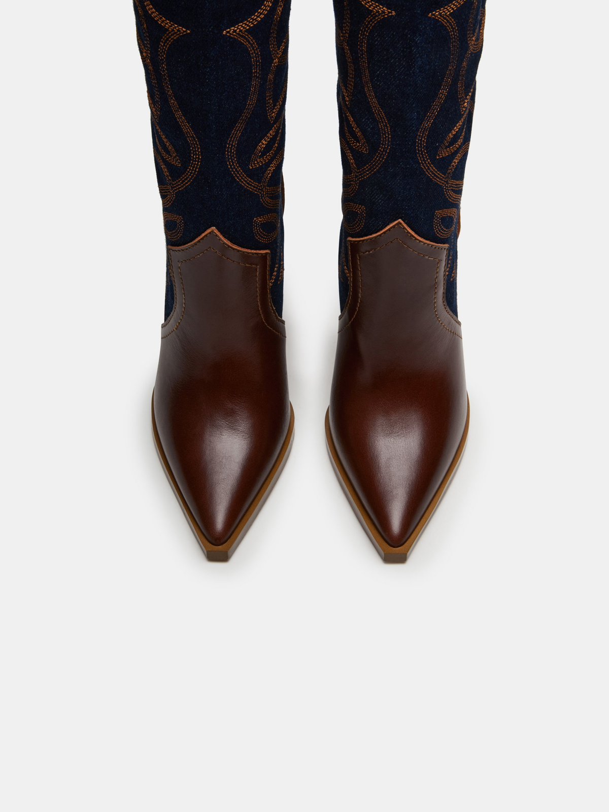 Contrast Brown Vegan Leather And Blue Denim Embroidery Wide Mid Calf Stiletto Boots