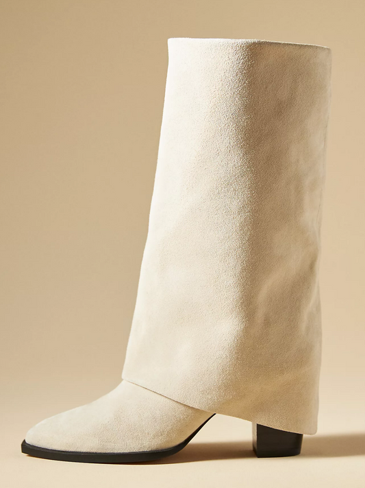 Cream Faux Suede Almond-Toe Fold-Over Mid Wide Calf Cowgirl Boots