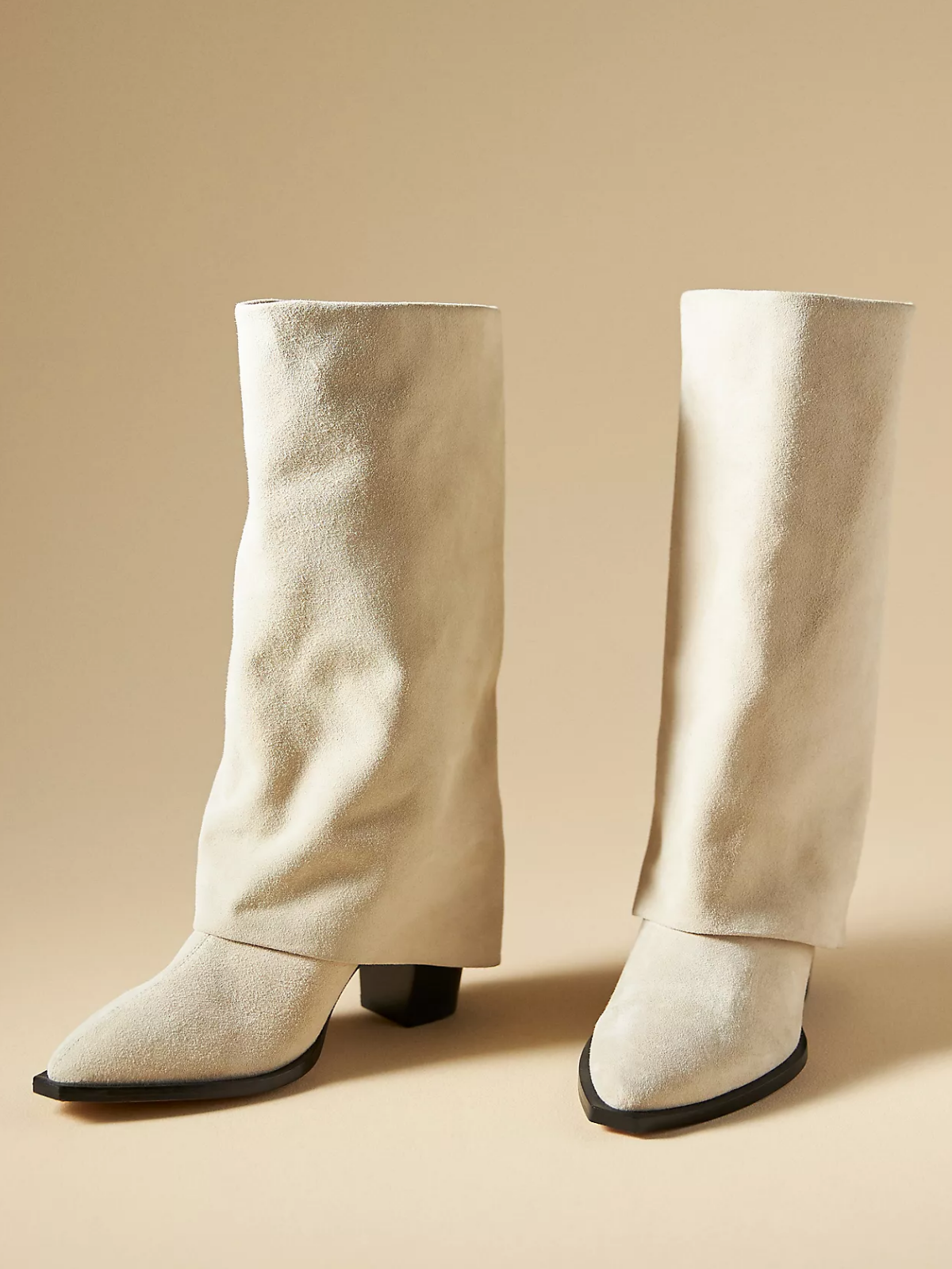 Cream Faux Suede Almond-Toe Fold-Over Mid Wide Calf Cowgirl Boots