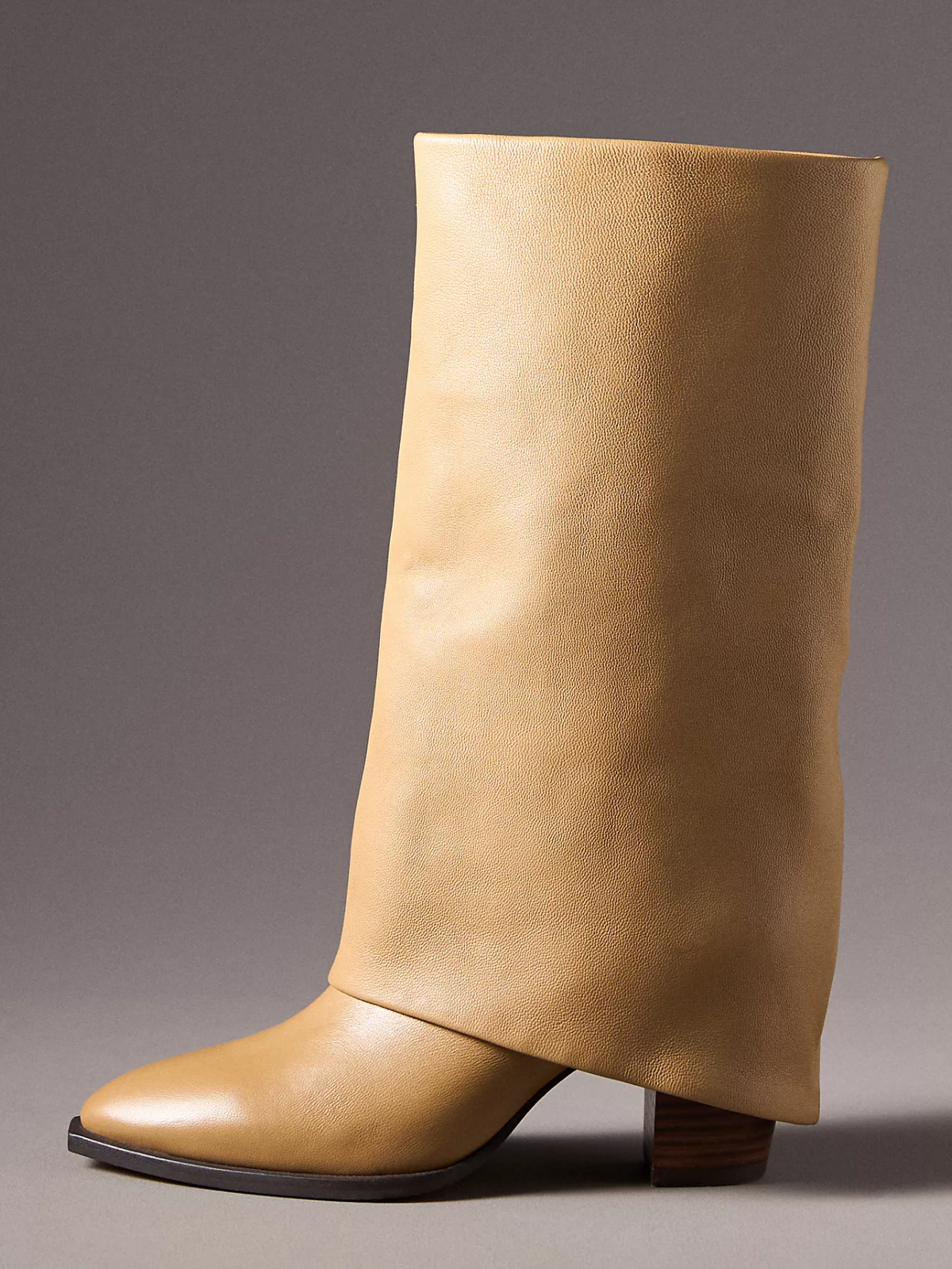 Tan Almond-Toe Fold-Over Mid Wide Calf Cowgirl Boots