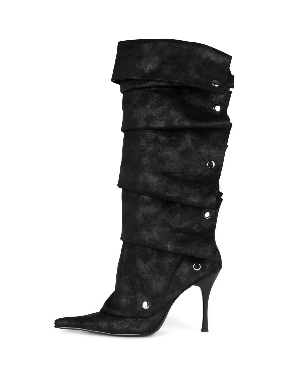 Distressed Black Pointed-Toe Mid Calf Full-Zip Stiletto Boots With Snap-Off Fold-Over Panel