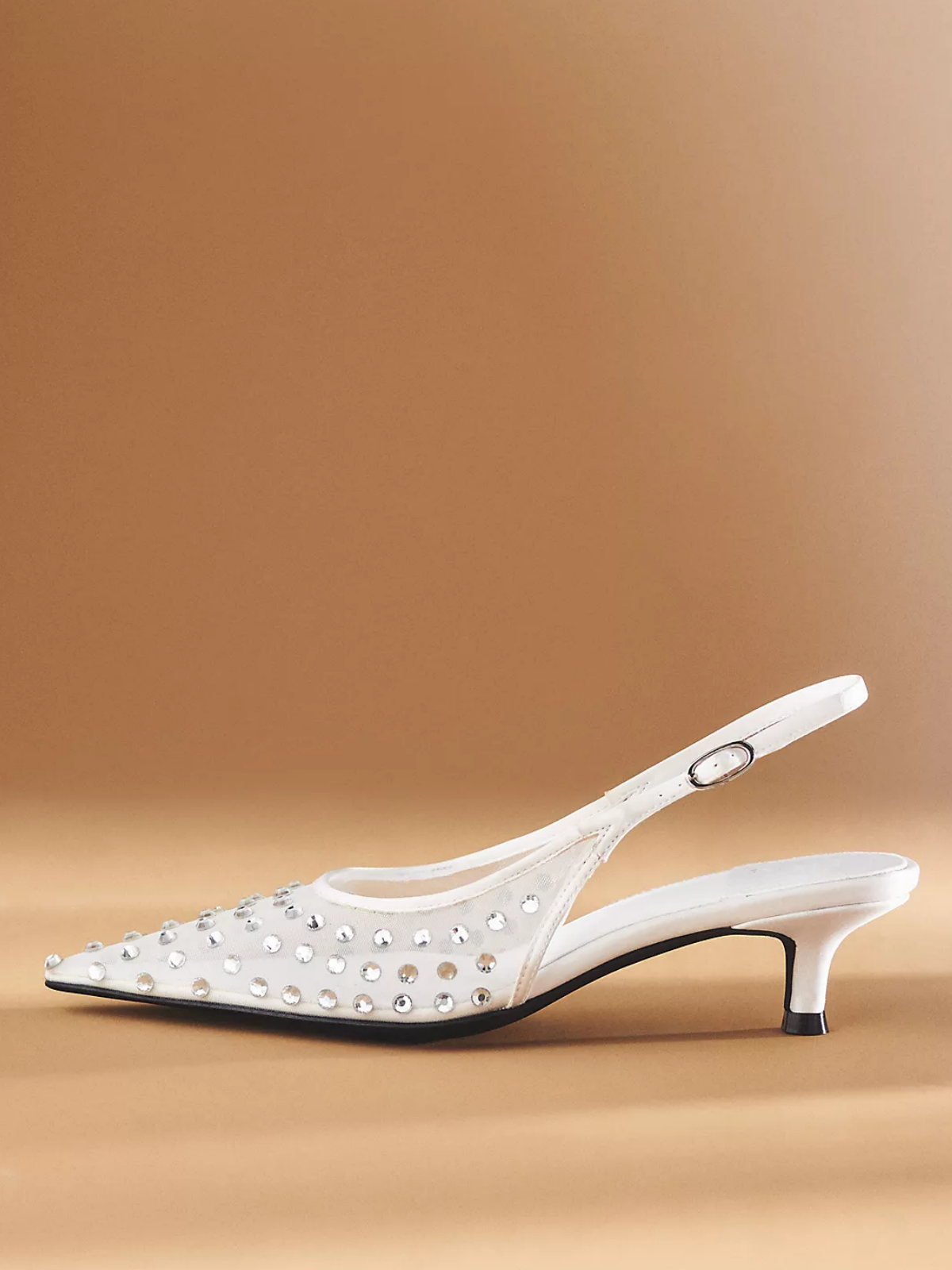 White Mesh Pointed-Toe Slingback Pump Kitten Heels With Rhinestone