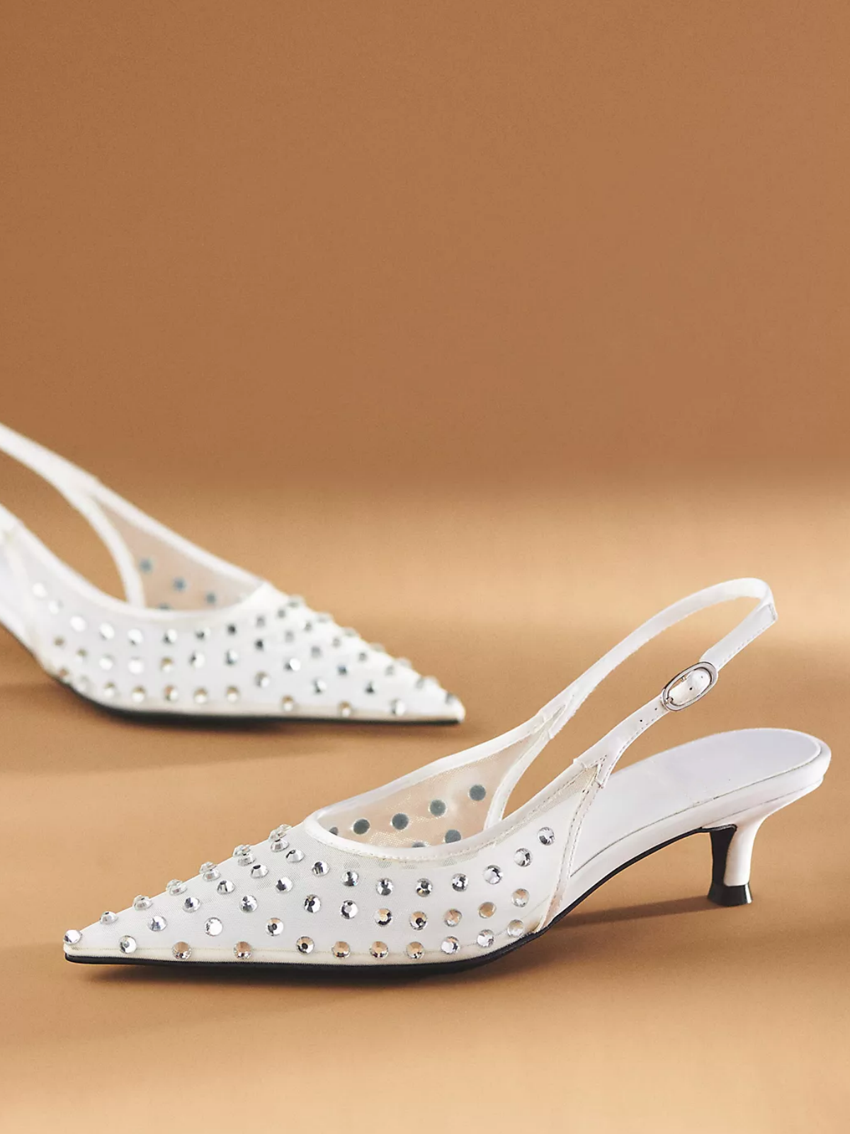 White Mesh Pointed-Toe Slingback Pump Kitten Heels With Rhinestone