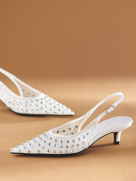 White Mesh Pointed-Toe Slingback Pump Kitten Heels With Rhinestone