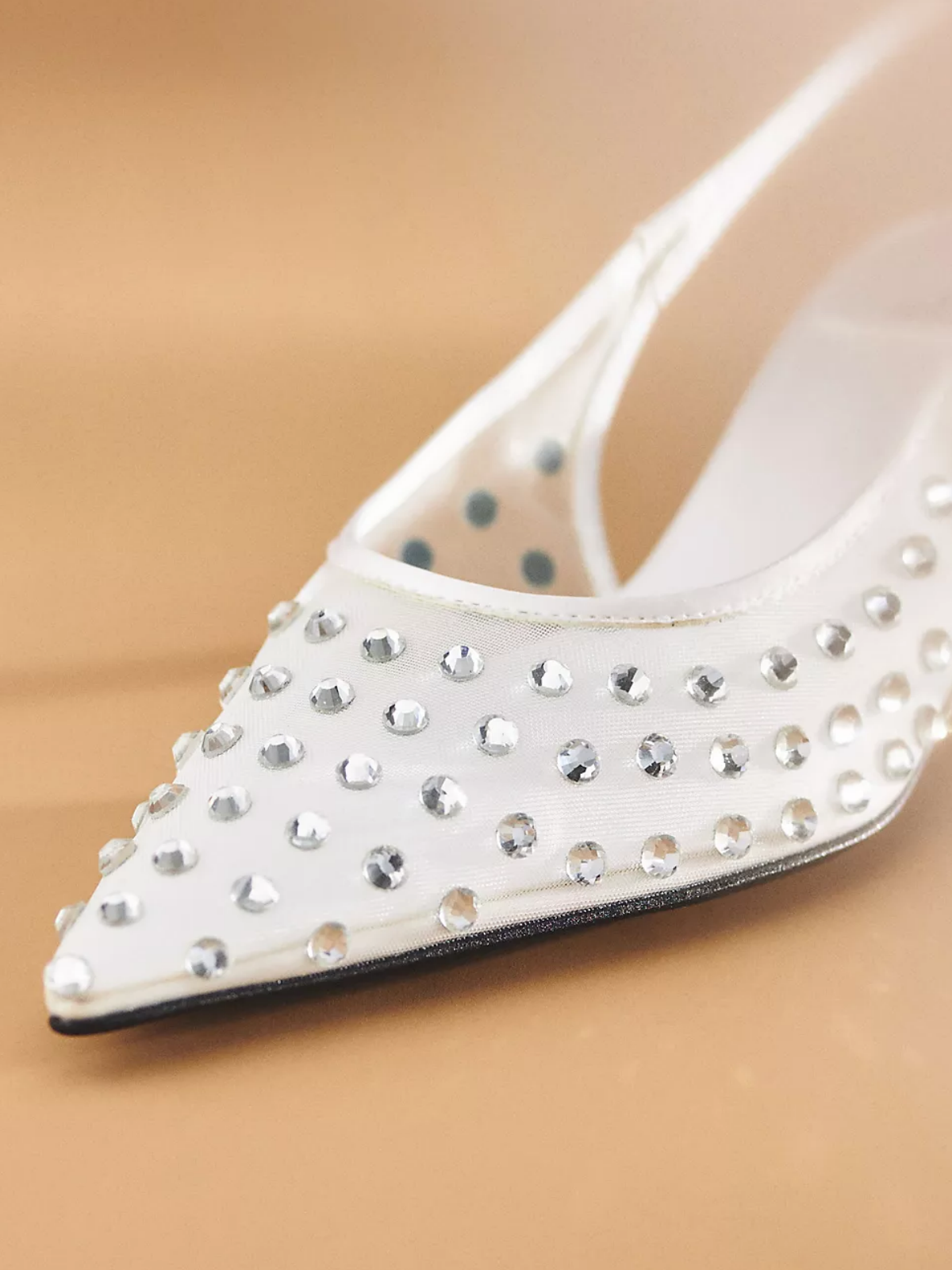 White Mesh Pointed-Toe Slingback Pump Kitten Heels With Rhinestone