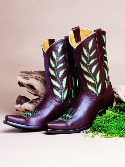 Maroon Snip-Toe Wide Mid Calf Western Cowgirl Boots With Fluorescent Green Leaf Inlay