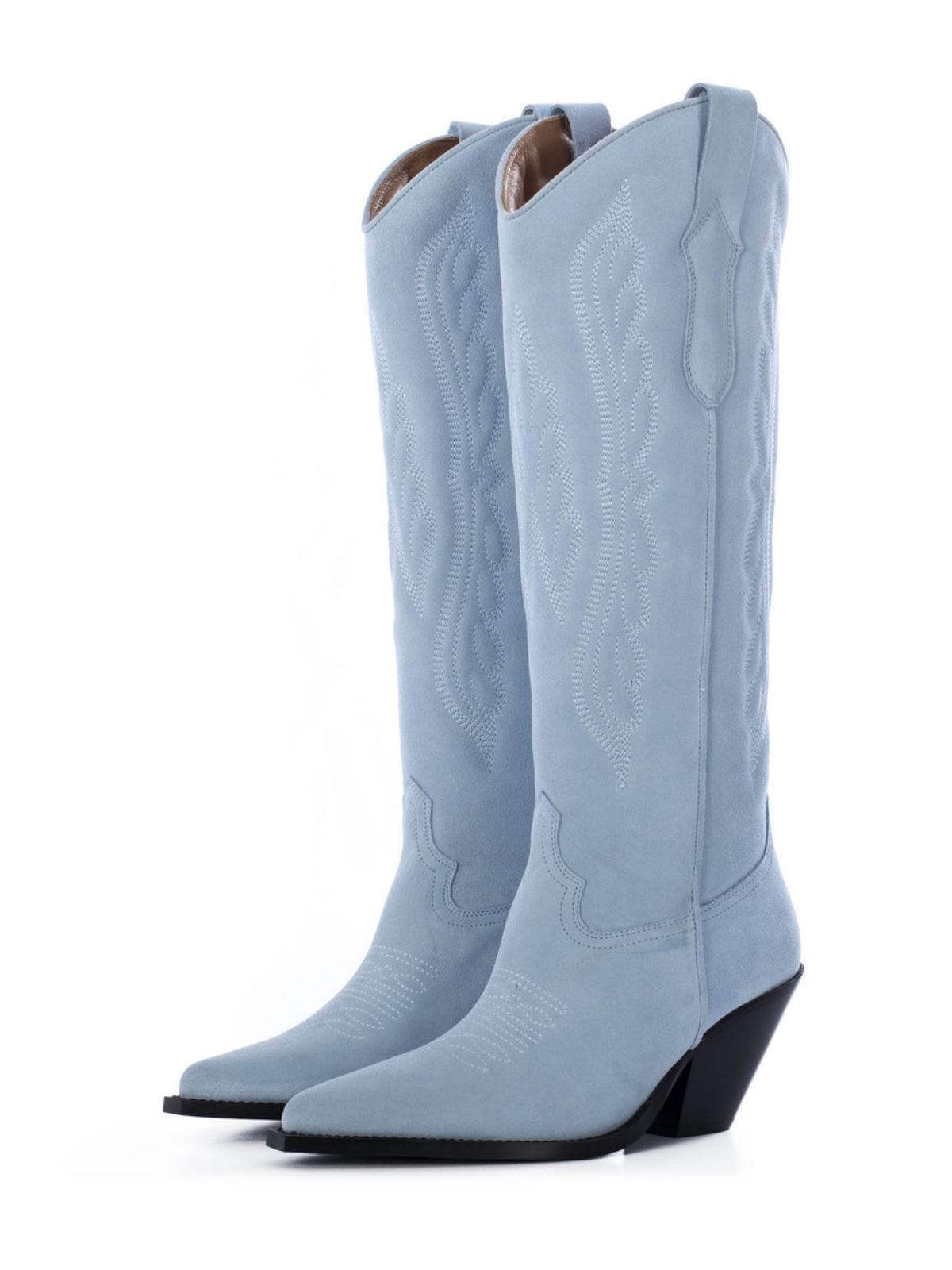 Wing Embroidery Faux Suede Pointed-Toe Wide Calf Tall Knee High Cowgirl Boots - Sky Blue