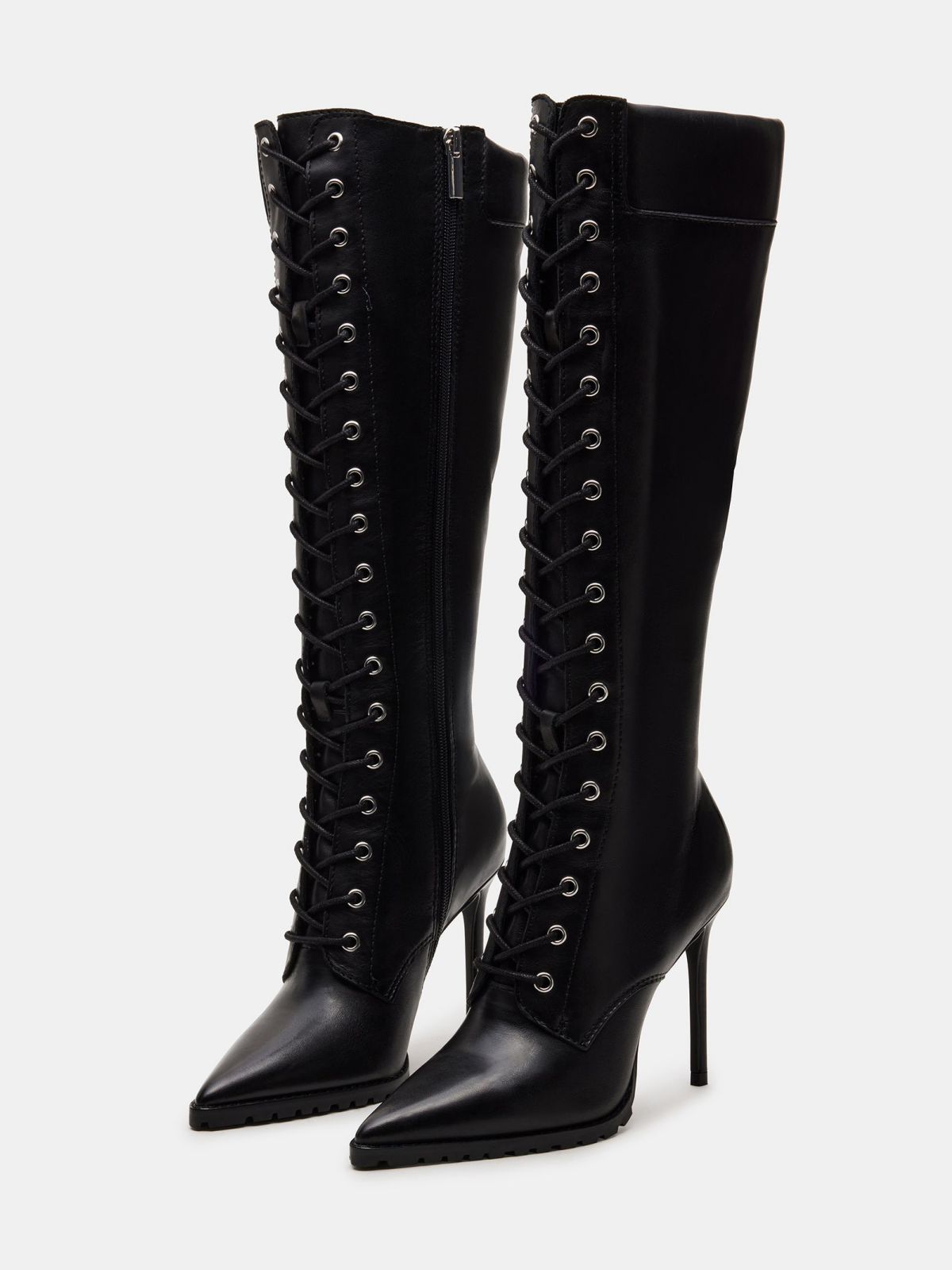 Black Pointed-Toe Lace-Up Full-Zip Mid Calf Stiletto Boots