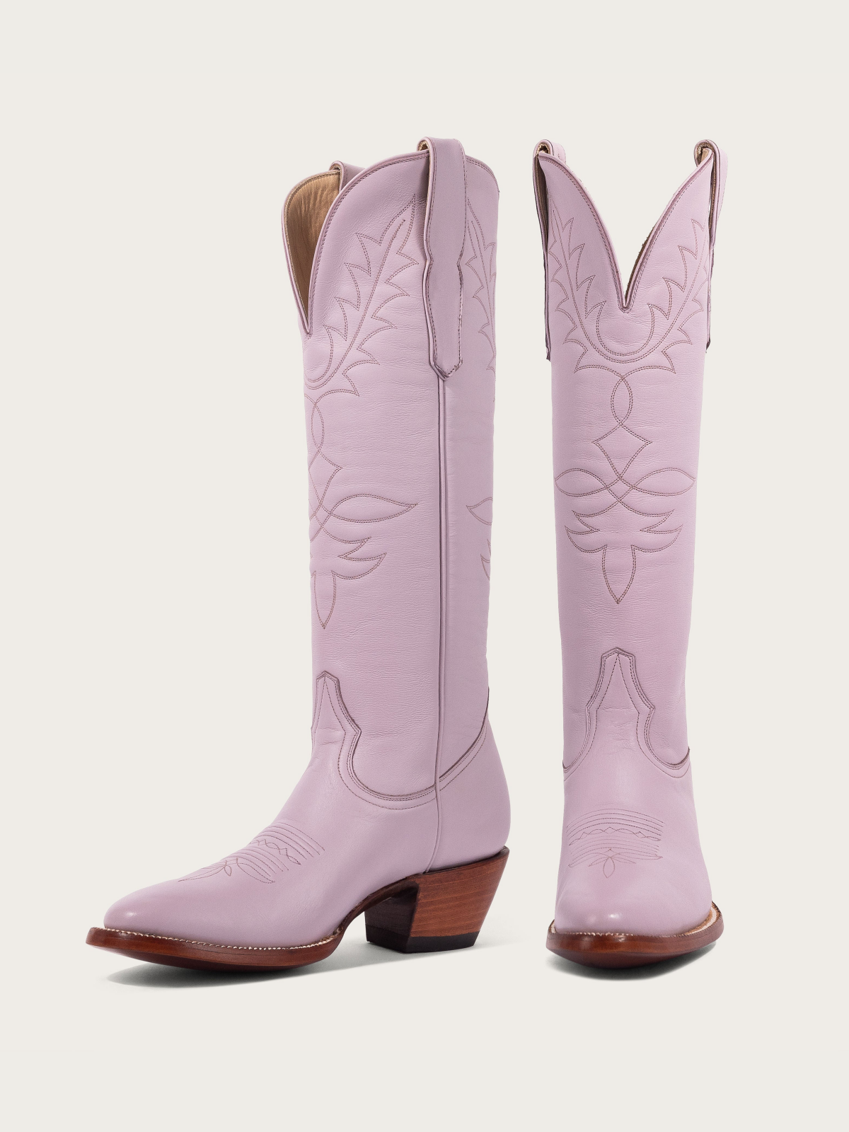 Lavender Vegan Leather Embroidery Almond-Toe Wide Mid Calf Tall Cowgirl Boots