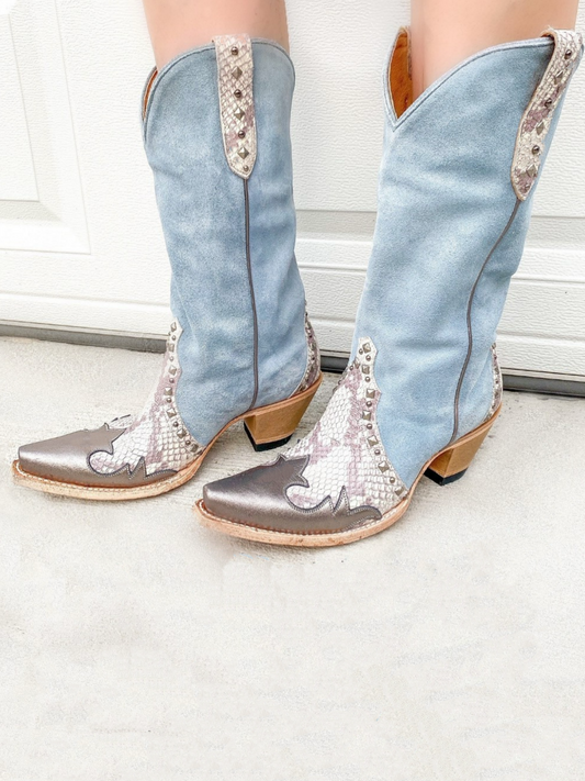 Contrast Snakeskin And Blue Faux Suede Studded Applique Snip-Toe Wide Mid Calf Cowgirl Boots