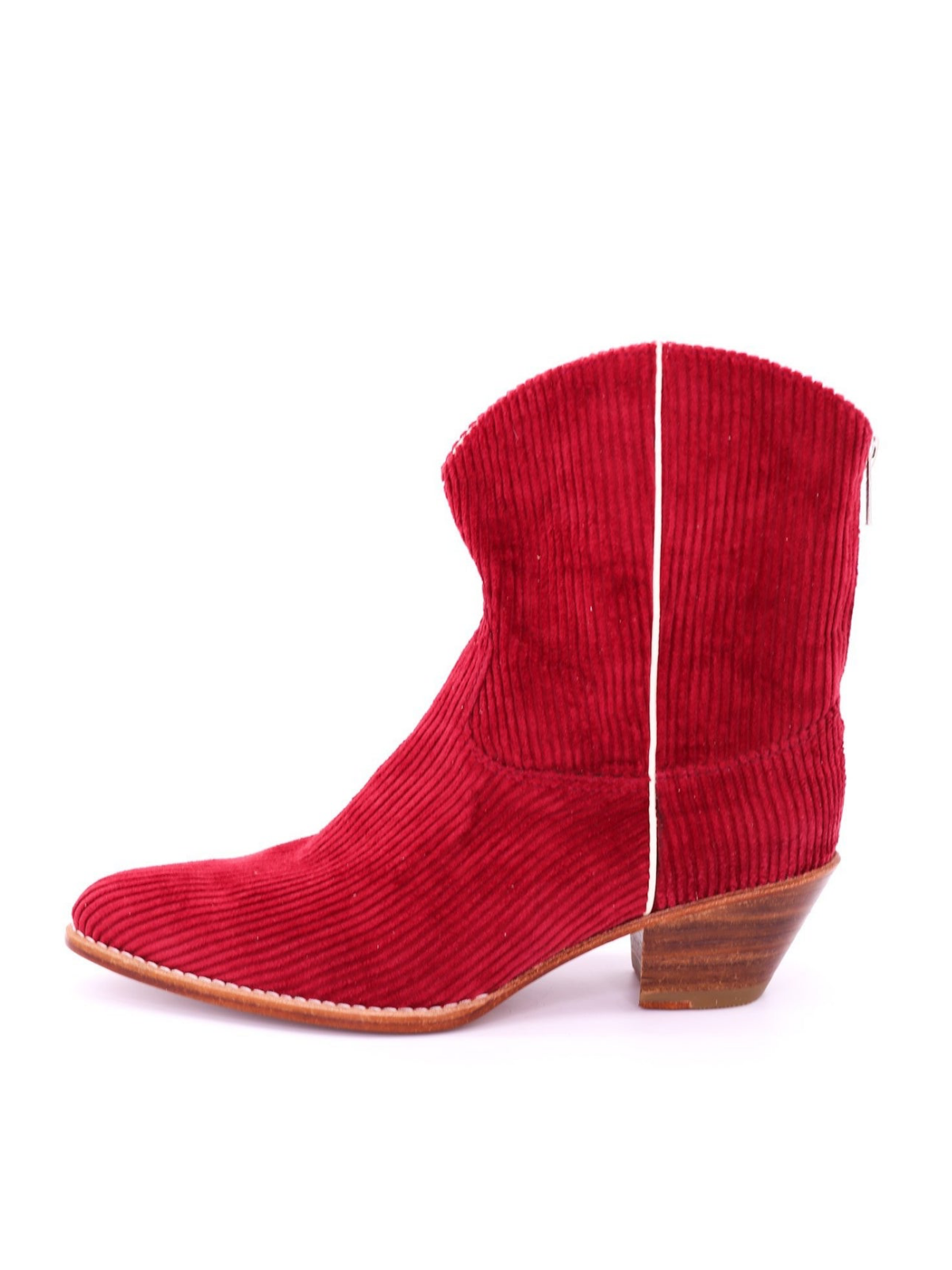 Red Striped Velveteen Almond-Toe Back-Zip Mid Calf Cowgirl Boots